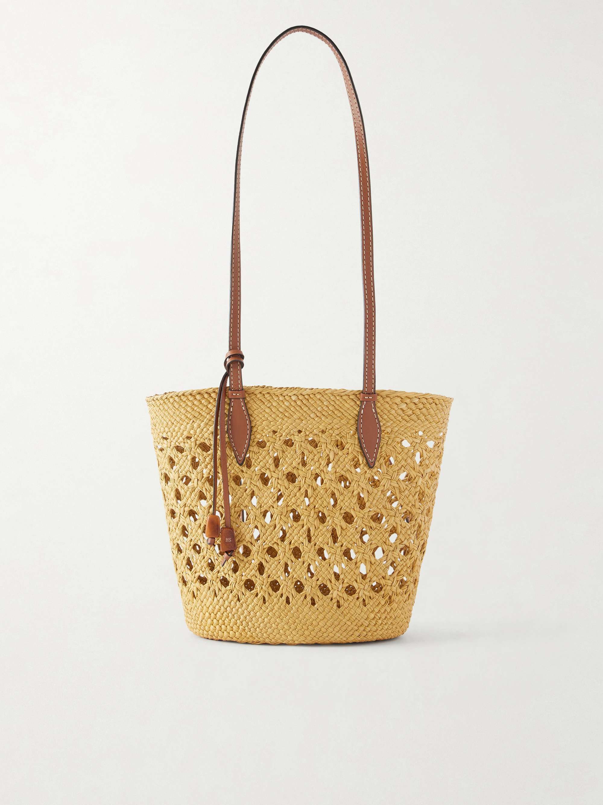 Lattice Basket Leather-Trimmed Raffia Tote