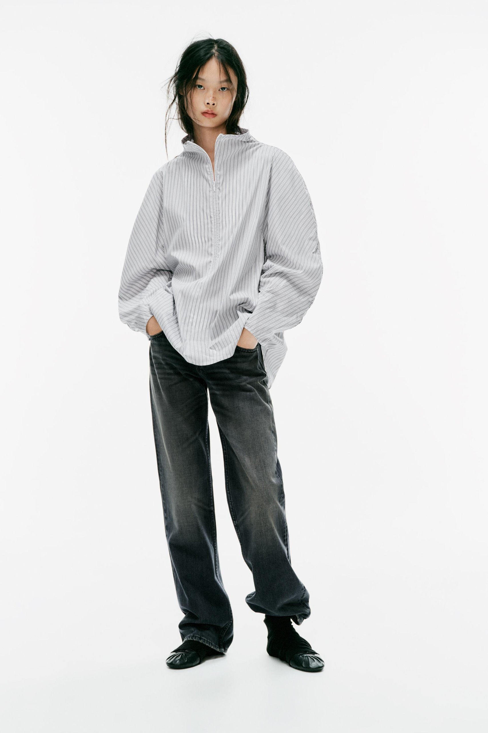 Striped Poplin Shirt With Volume - White / Grey - Xs