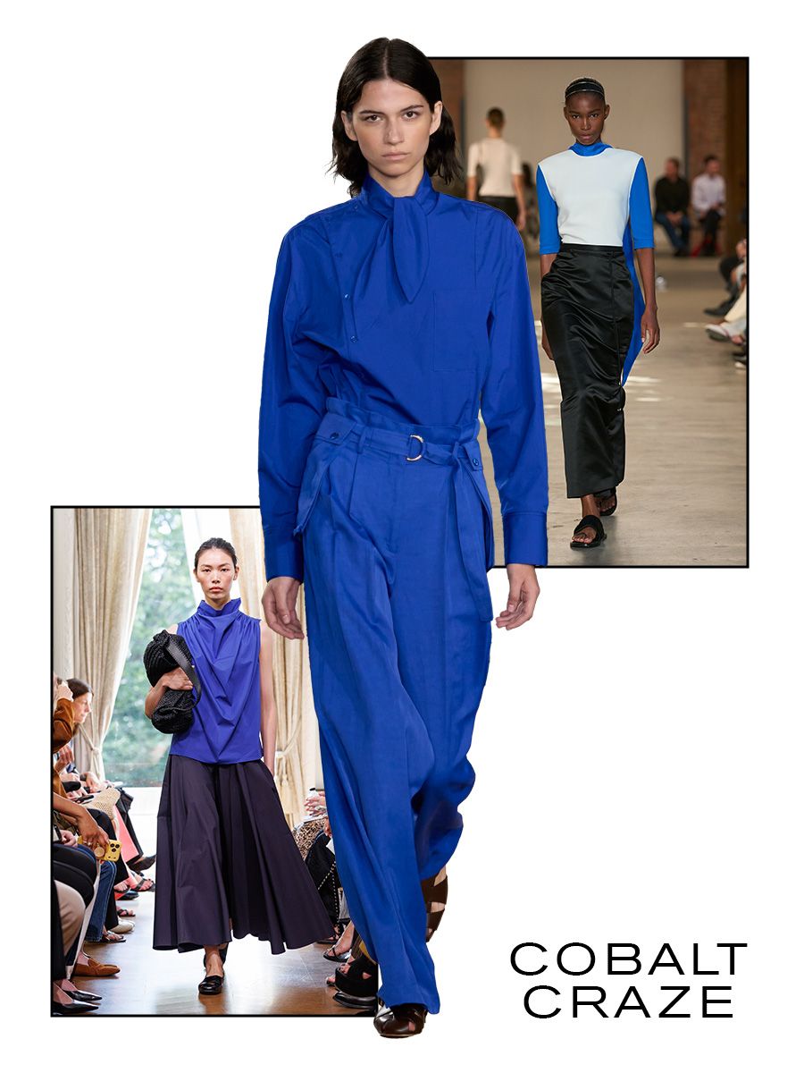 collage of NYFW S/S 27 runway images, cobalt blue