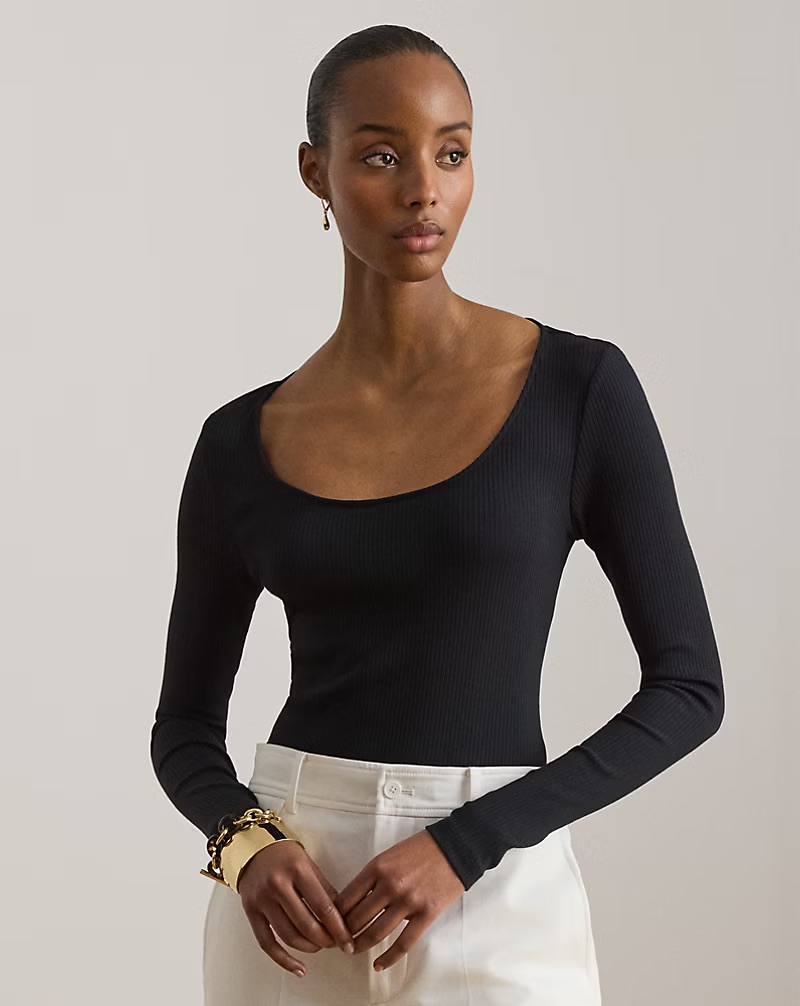 Ralph Lauren, Long-Sleeved Scoopneck Rib-Knit Tee