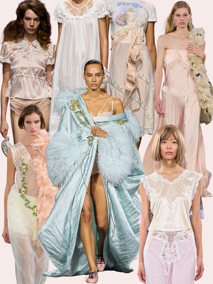 Runway collage from the Boudoir Dressing trend seen at London Fashion Week in the spring/summer 2027 collections. Designers include Yuhan Wang, Simone Rocha, Erdem, Ashley Williams.