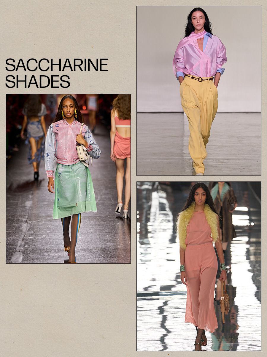 a collage of runway images of the major trends from the Milan Fashion Week spring/summer 2027 shows