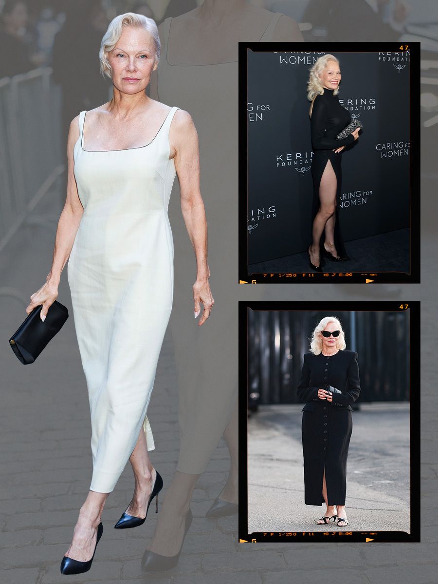 A collage of photos of Pamela Anderson from red carpets and events in September 2026.