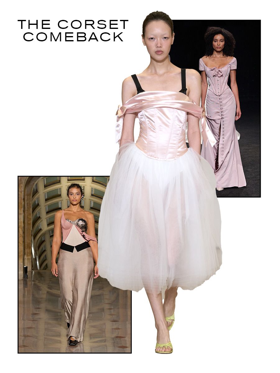 Collage of NYFW S/S 27 runway looks, corsets