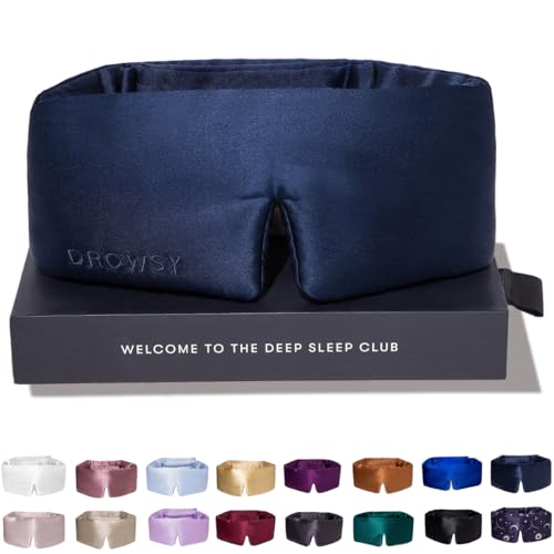 Drowsy Silk Sleep Mask - Face-Hugging, Padded Cocoon for Luxury Sleep in Total Darkness - 100% Pure Mulberry Silk, Skin-Hydrating & Adjustable (midnight Blue)