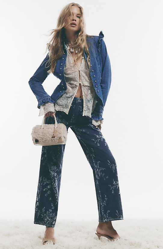 River Island, Blue Flocked Floral Straight Leg Jeans