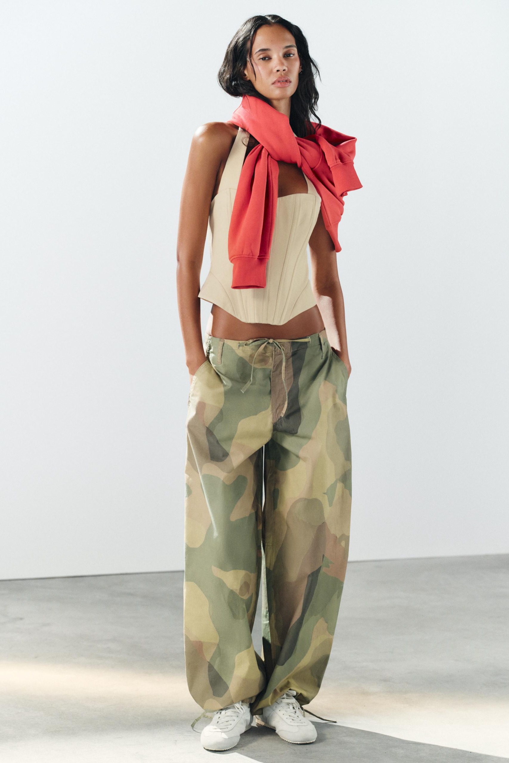 Printed Wide-Leg Drawstring Pants - Khaki - 25 (us 0)