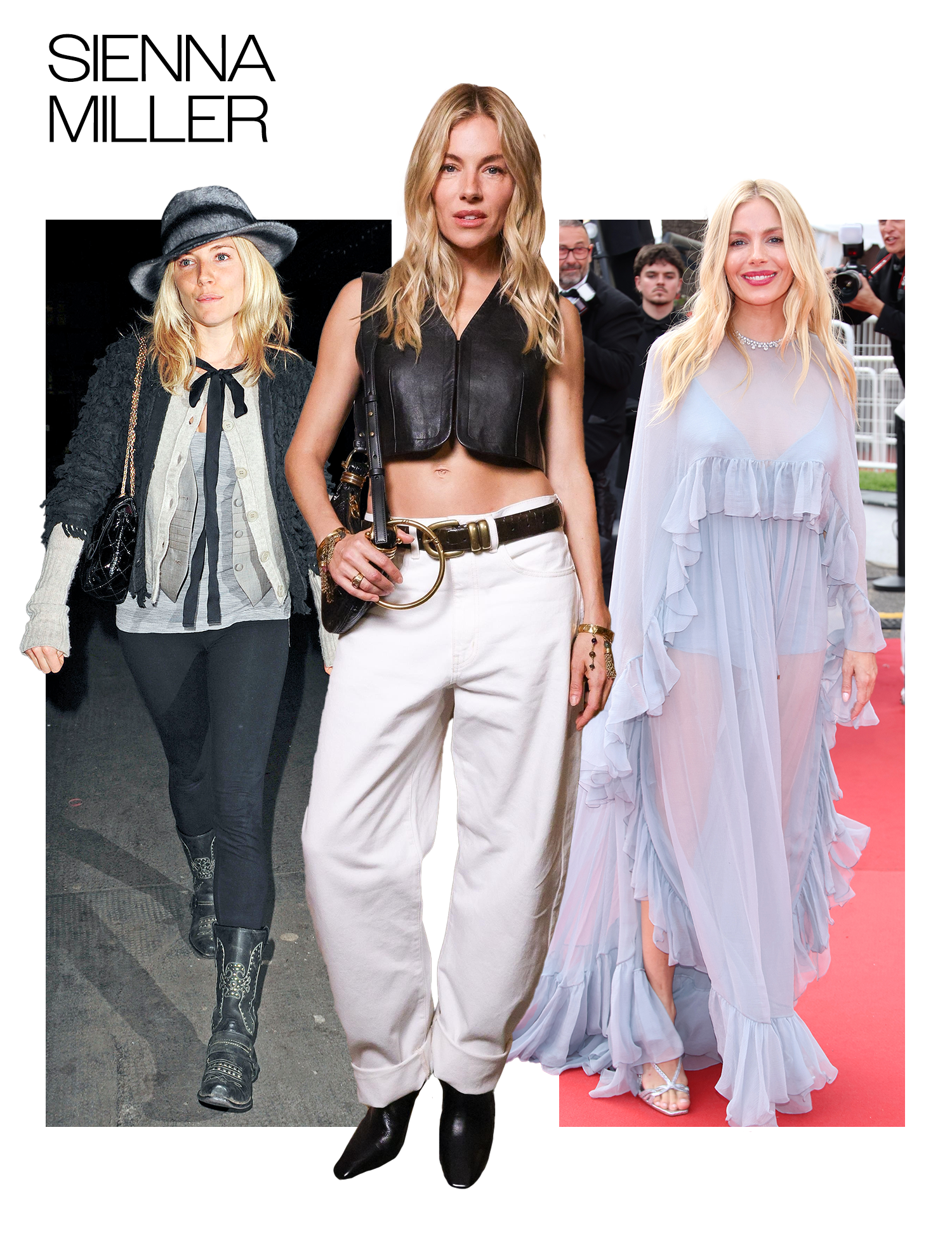 Collage of Sienna Miller photos that show her style over the years