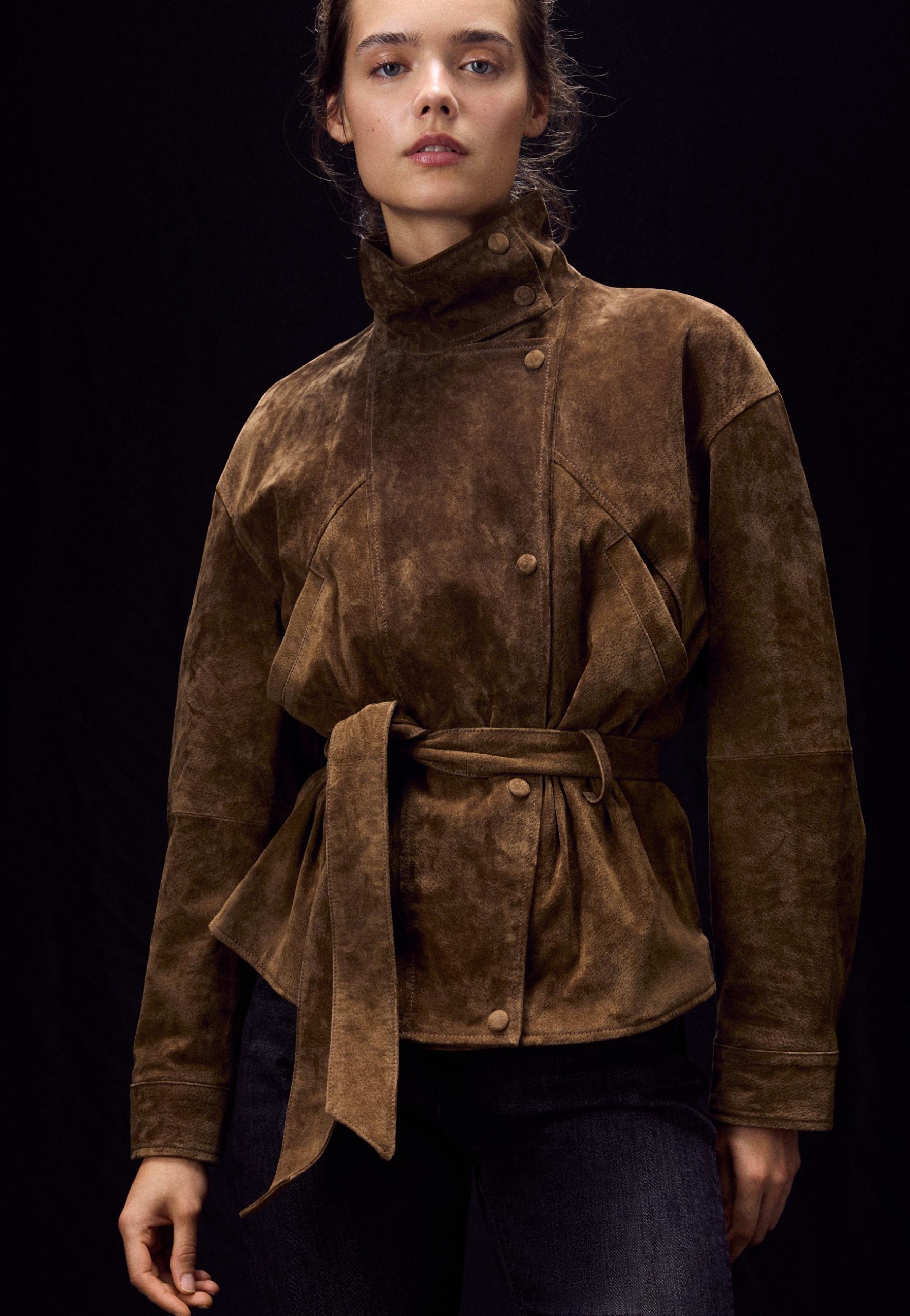 Leather Trench Coat With High Neck and Belt
