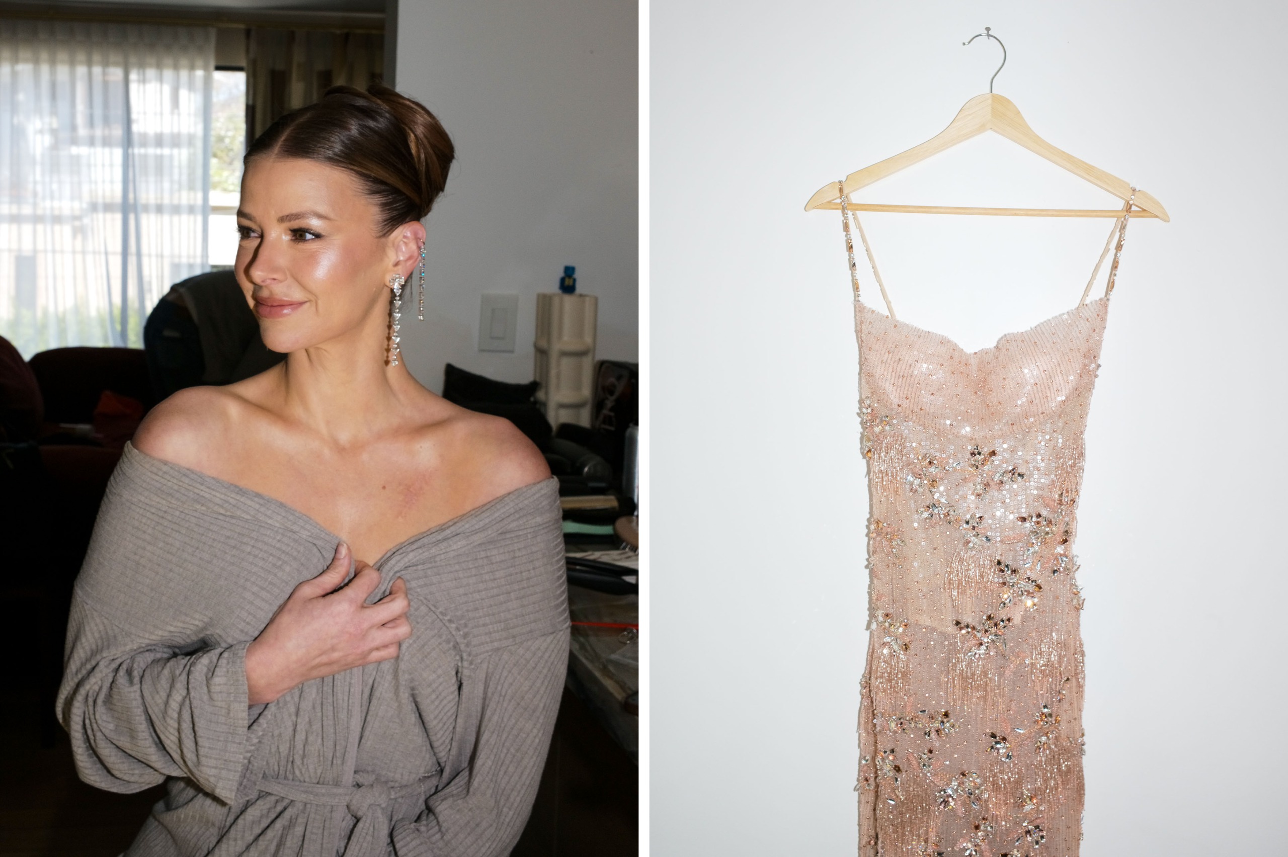 Left: Ariana Madix gets ready for the Creative Arts Emmy Awards in a gray robe styled off the shoulder. Right: Madix's pink sequin Yara Shoemaker gown on a hanger.