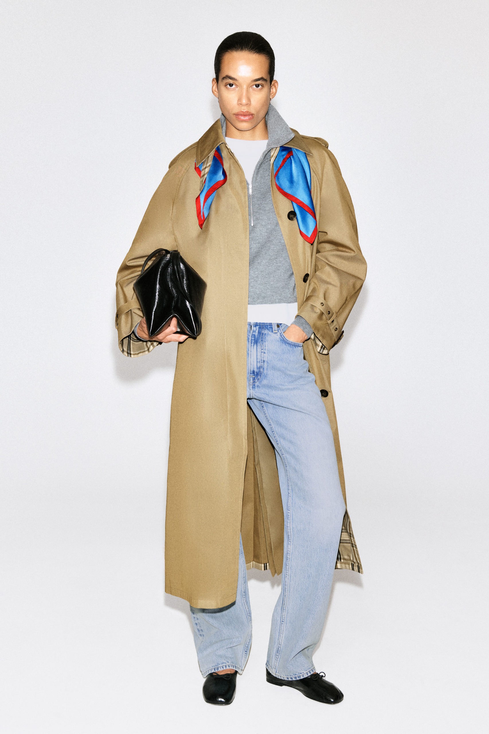 Check-Detail Belted Cotton Trench Coat