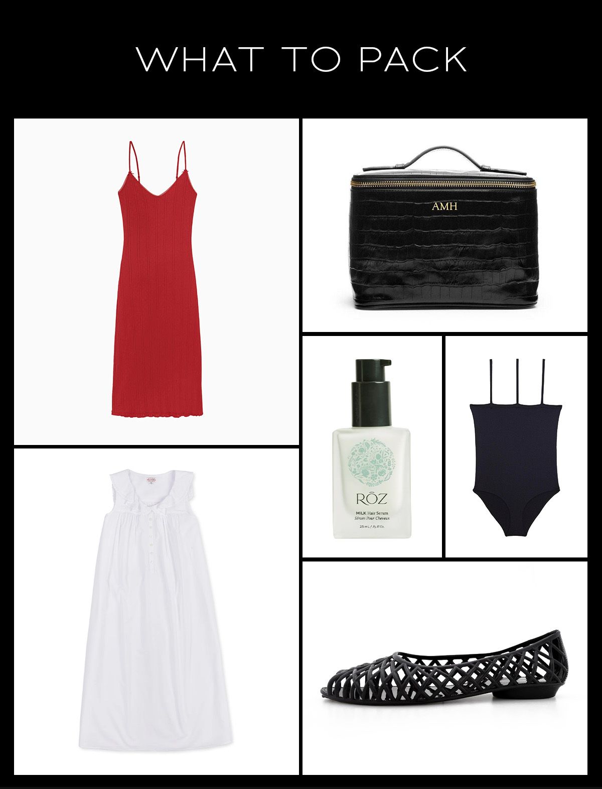 Collage of a Cou Cou slip dress, Lanz of Salzburg nightgown, Leatherology cosmetics bag, Rōz hair serum, Baserange swimsuit, and Los Angeles Apparel flats.