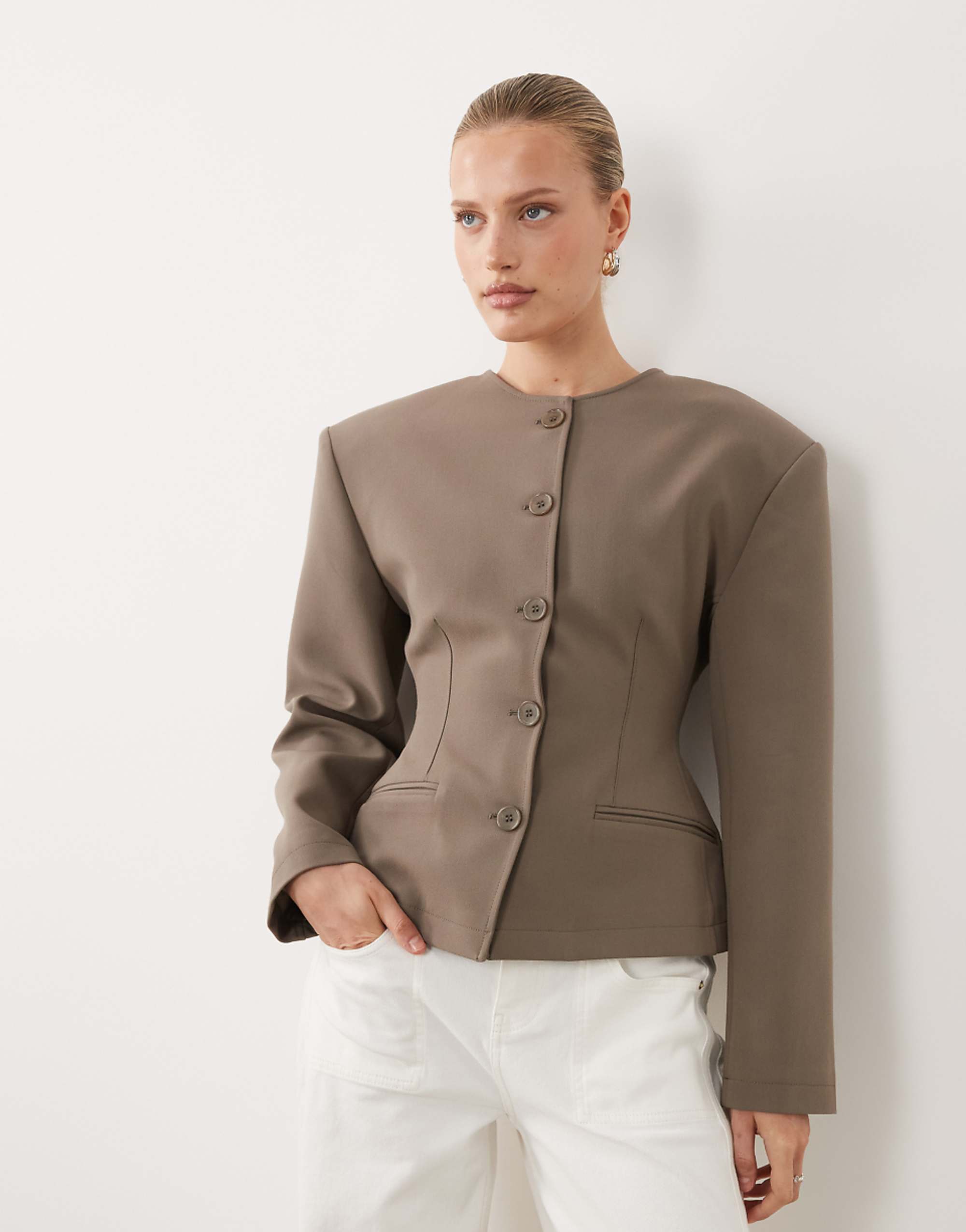 Asos Design Collarless Button Through Cinch Blazer