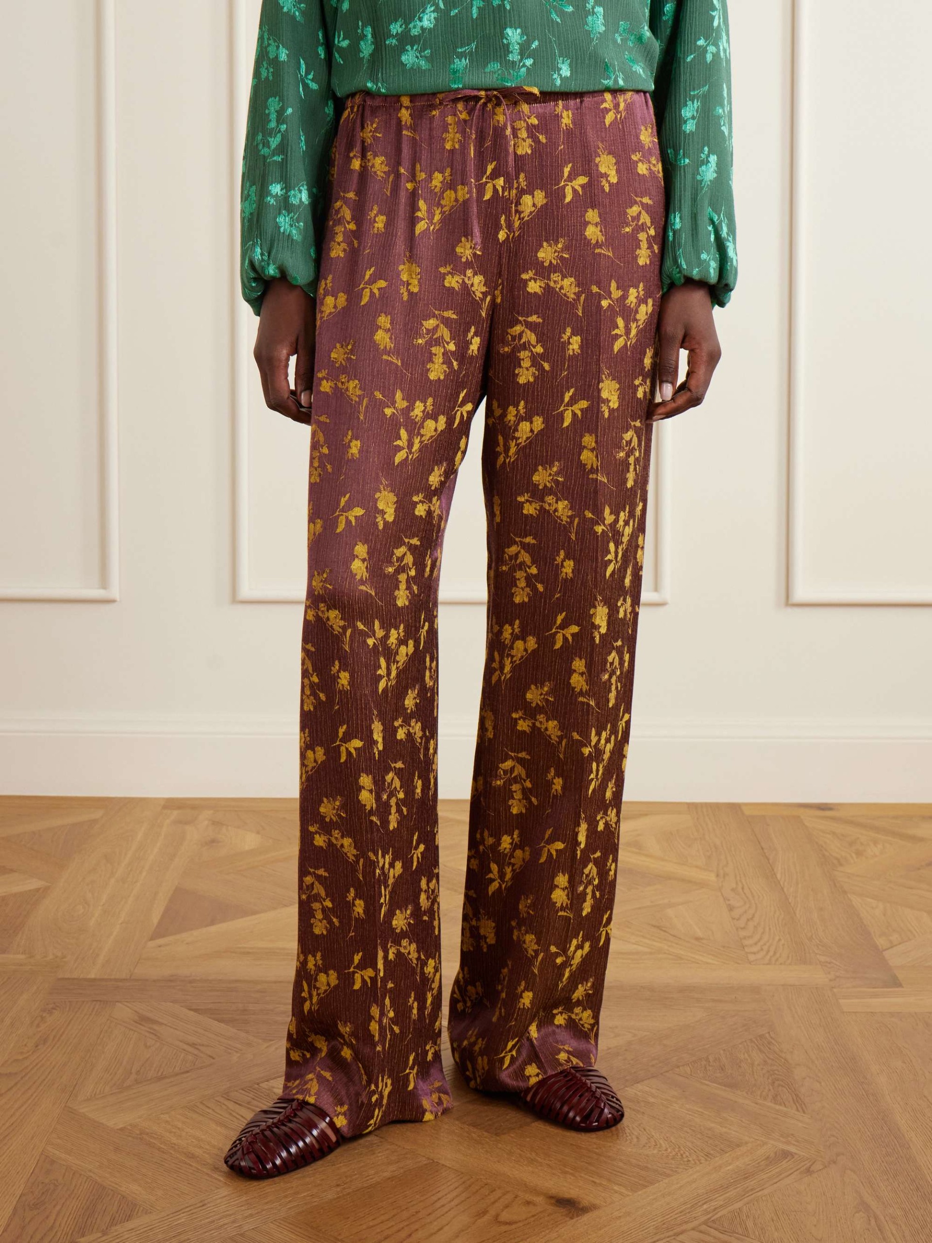 Floral-Jacquard Satin Wide-Leg Pants
