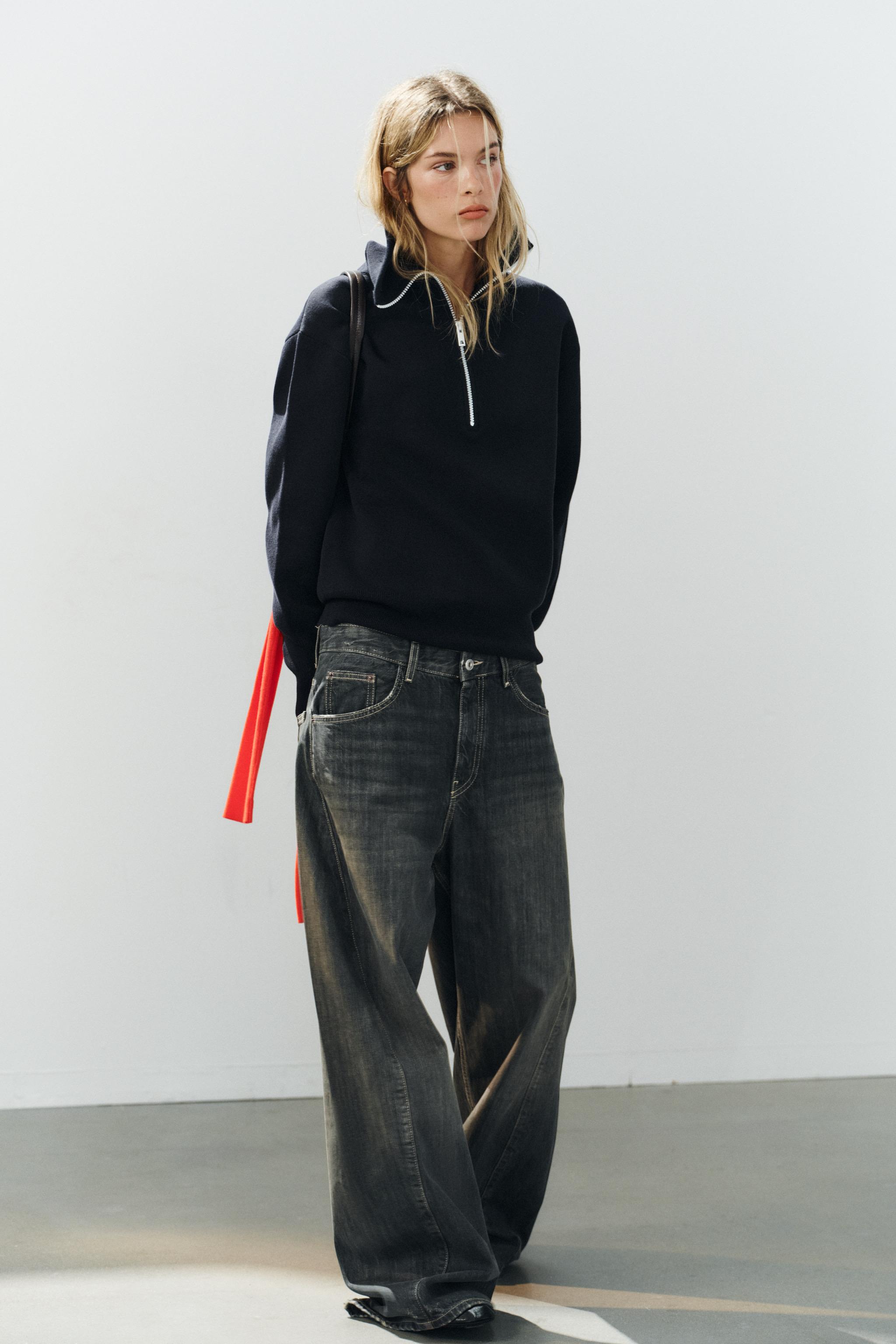 Oversized Zipped Knit Jumper - Navy Blue - Xs-S