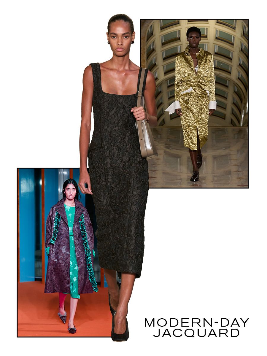 Collage of NYFW S/S 27 runway looks, jacquard