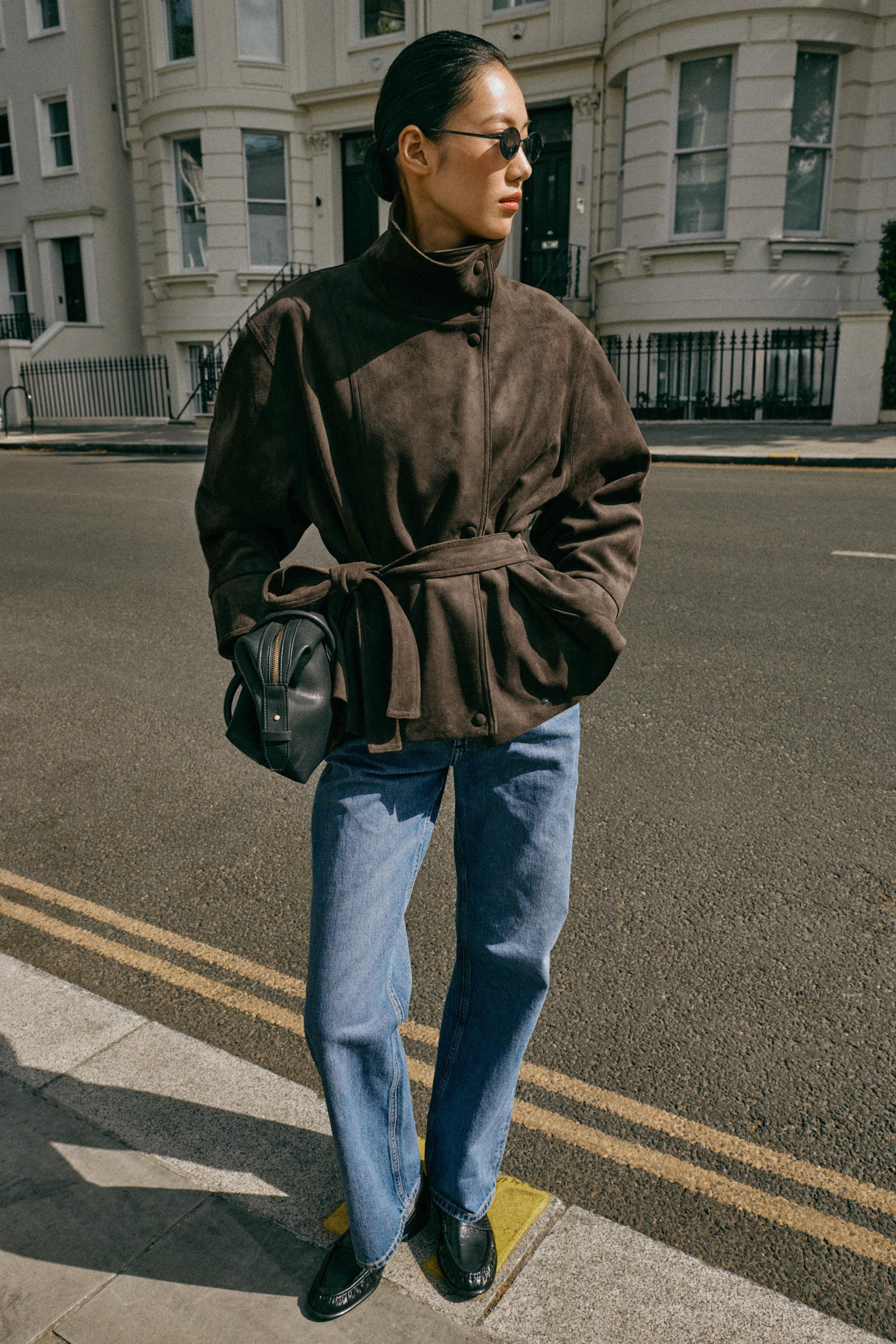 Faux Suede Belted Jacket - Dark Mink - S