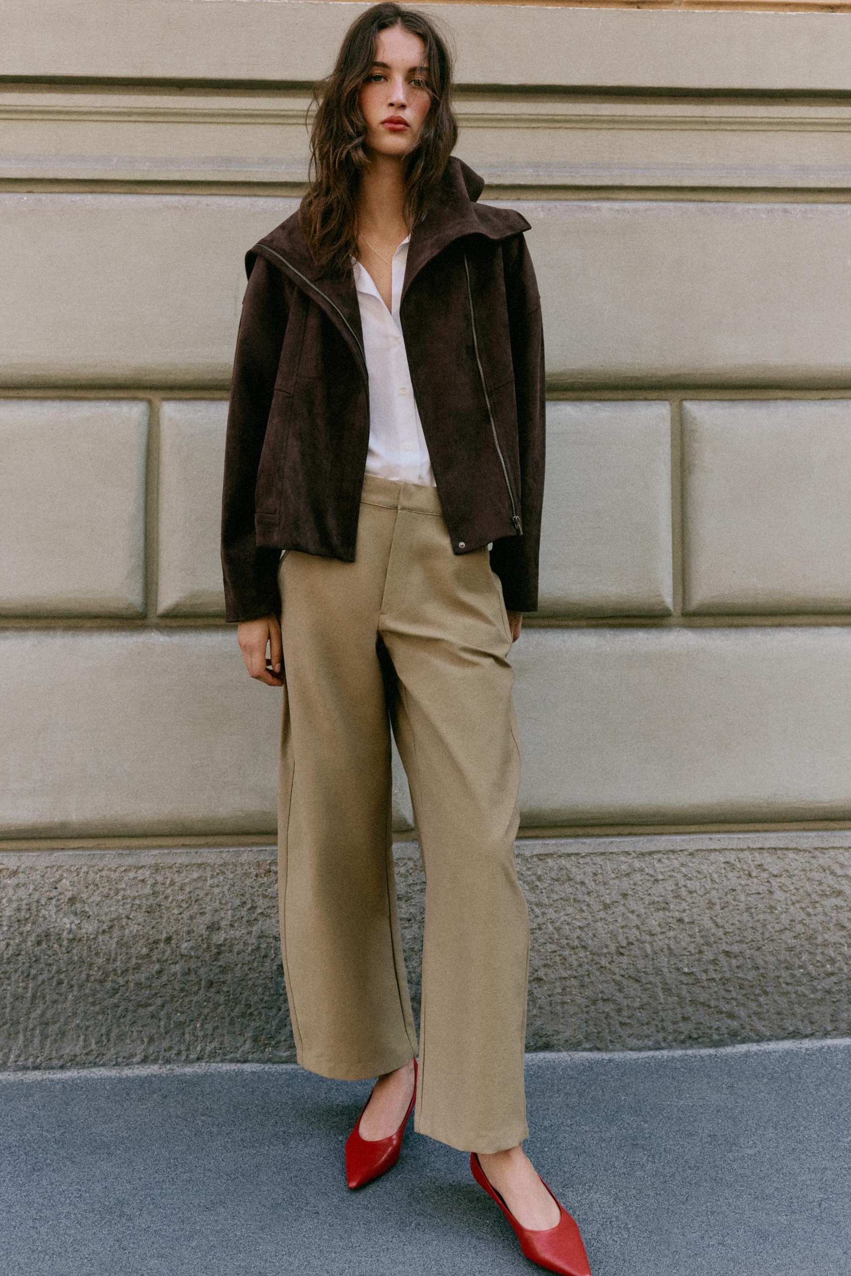 Bomber Jacket With Wide Collar - Brown - S