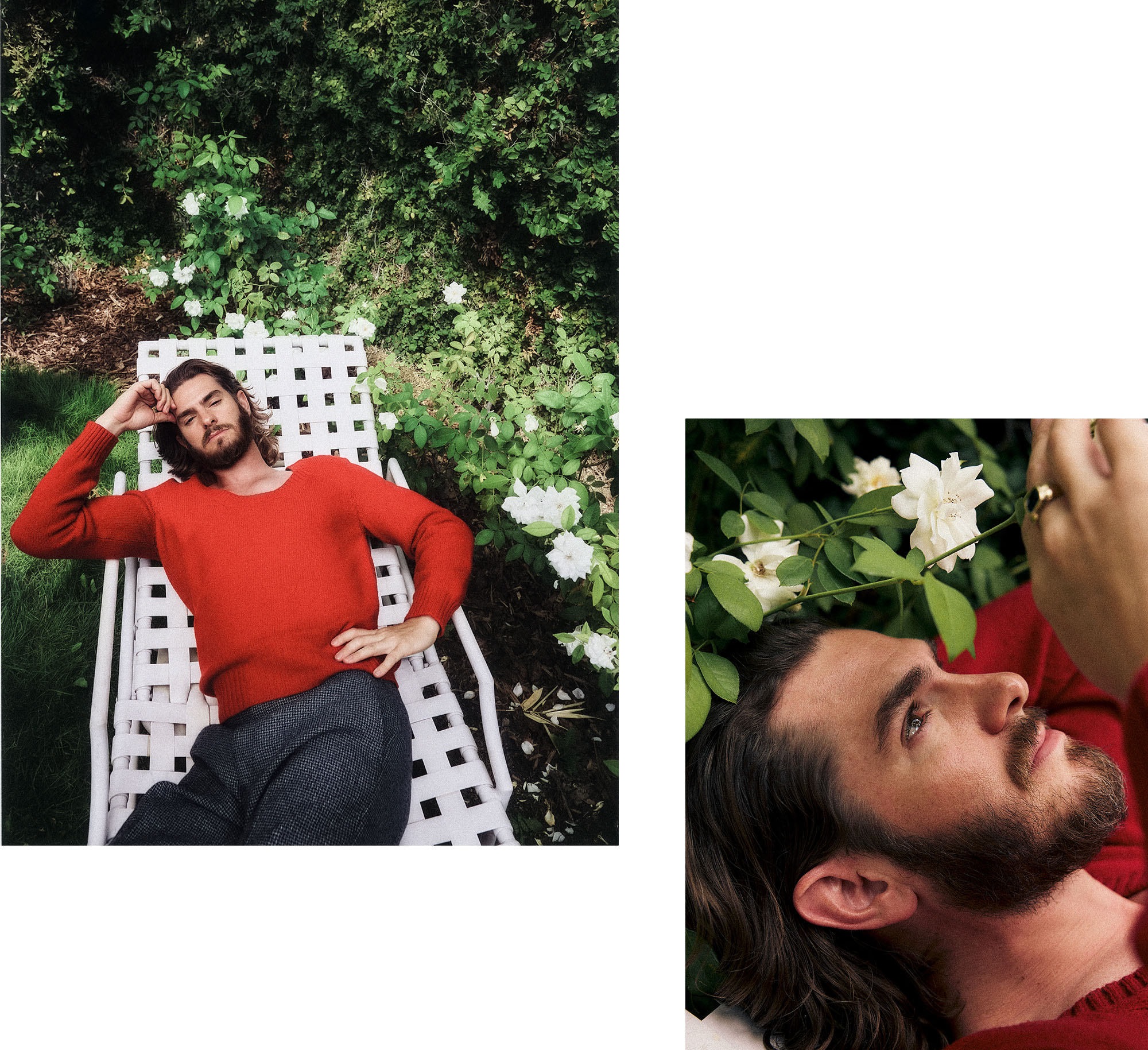 Andrew Garfield for Who What Wear's September cover wearing a red sweater with woven gray trousers.