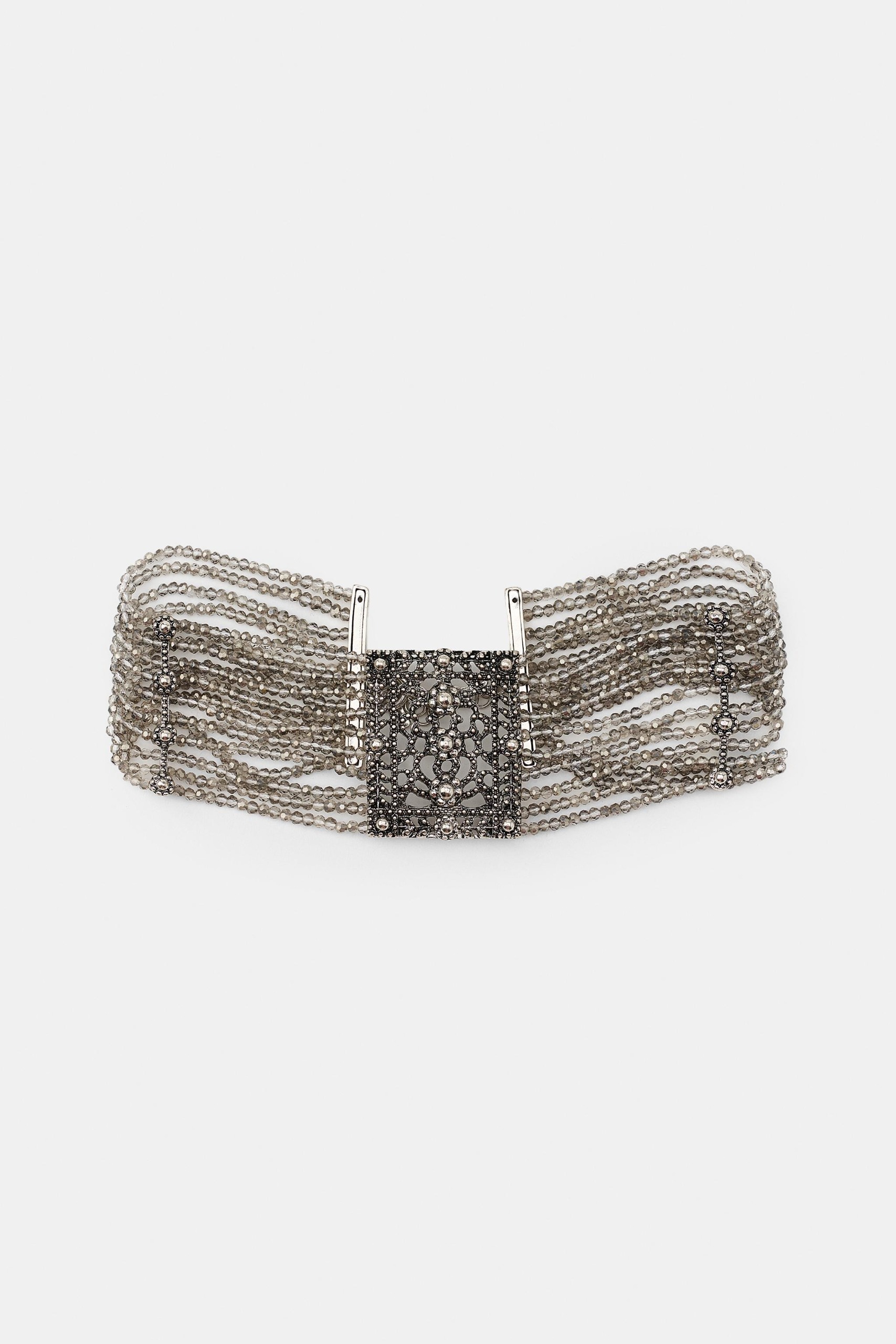 ZARA, Floral Beaded Choker Necklace - Silver - M