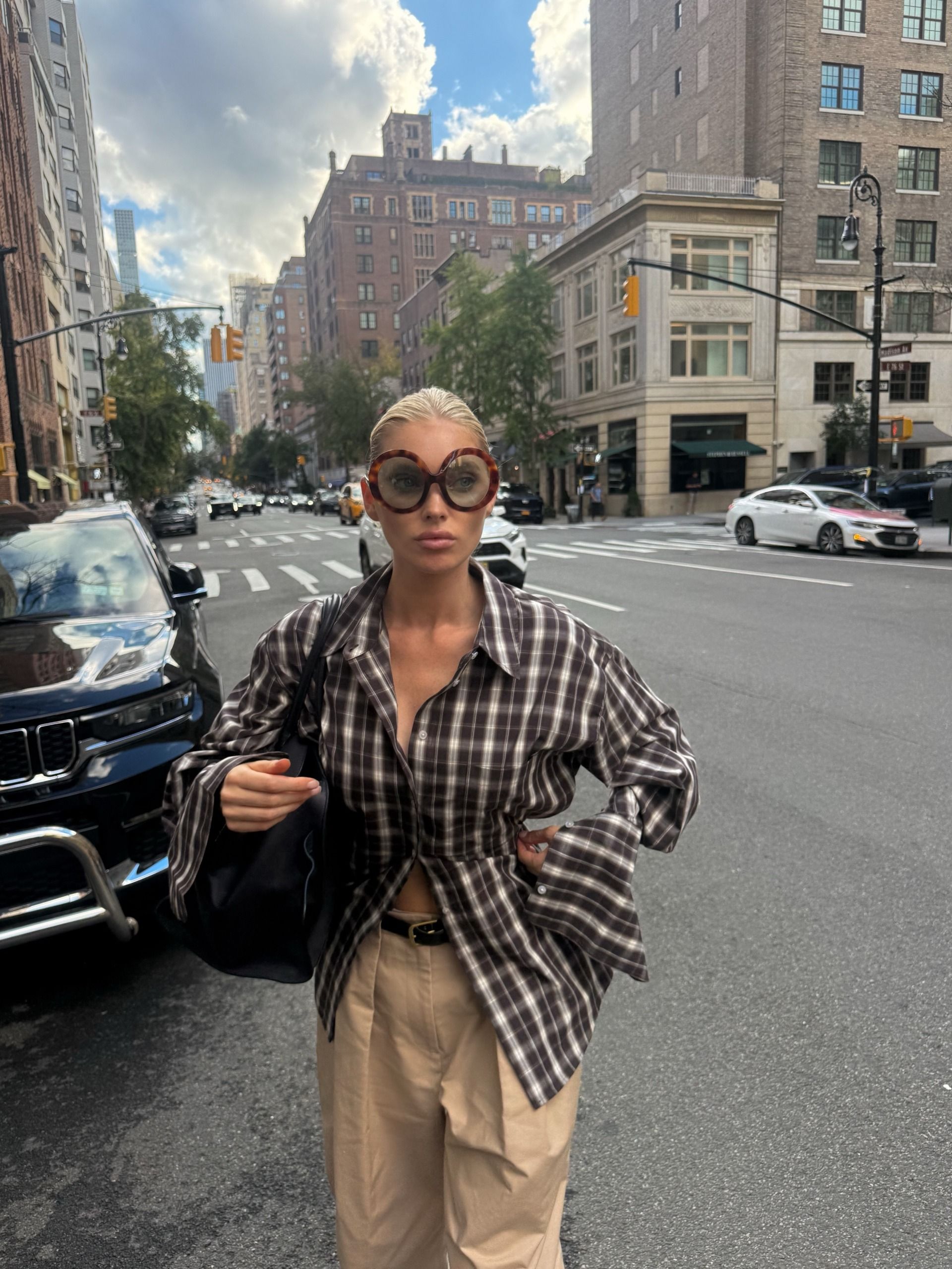 Plaid shirt and camel pants