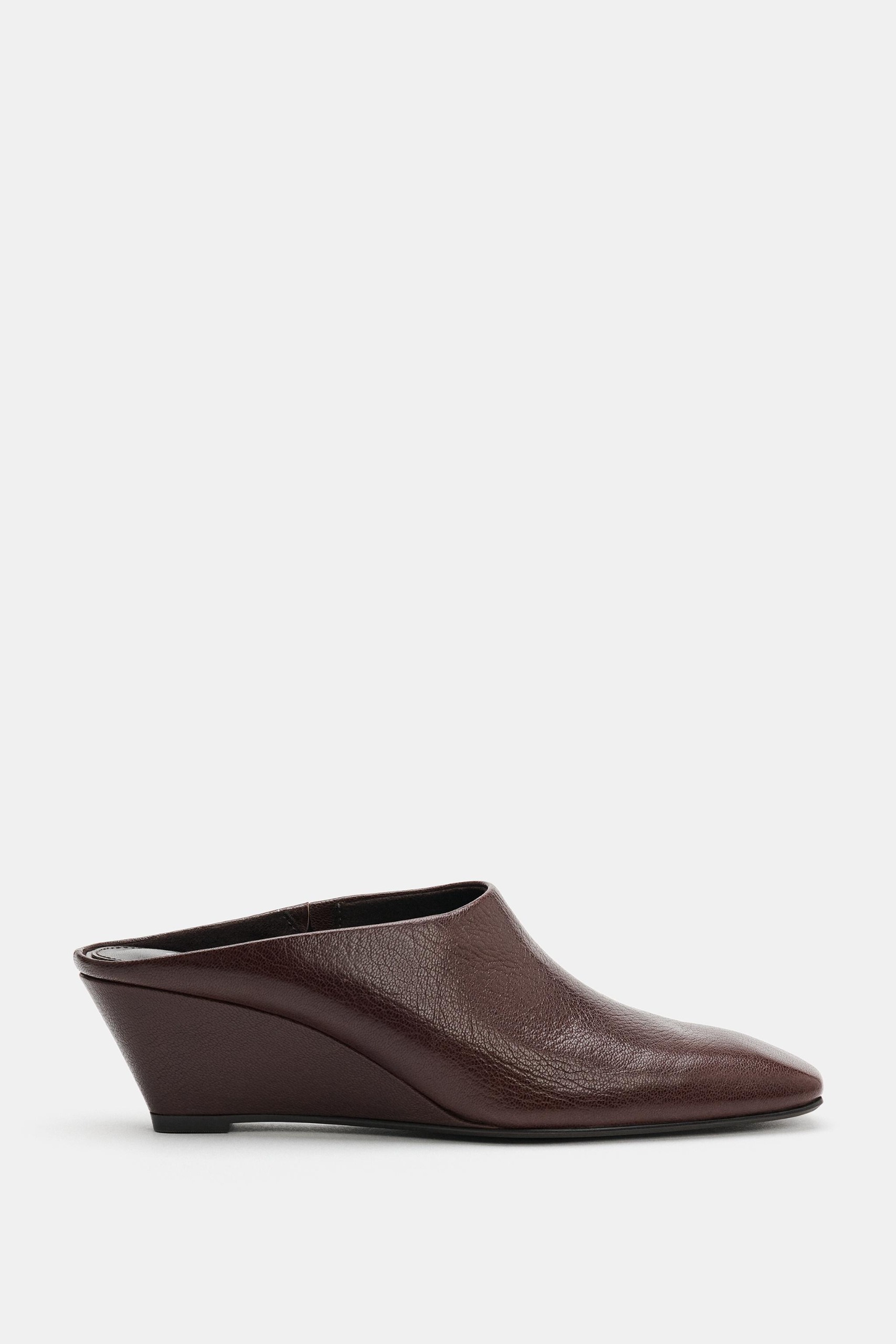 Leather Wedge Mules - Brown - 6