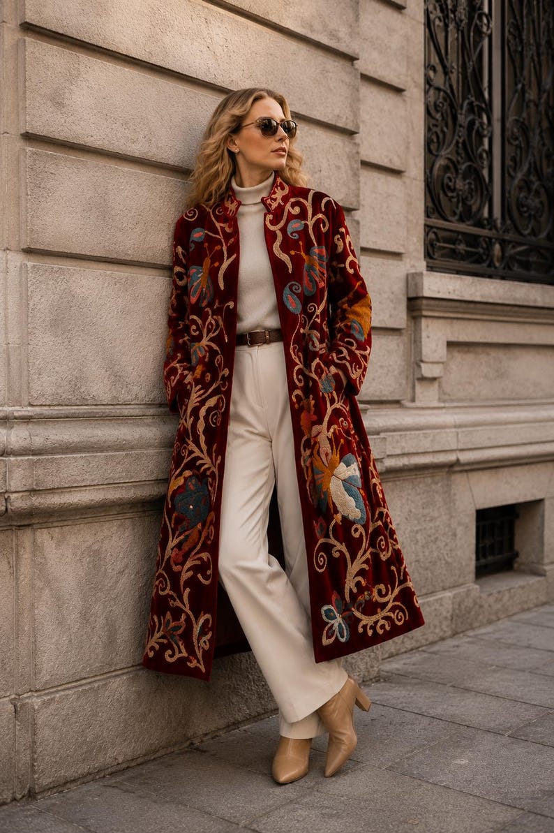 Suzani Embroidered Velvet Long Coat, Hand Embroidered Butterfly Duster, Burgundy Velvet Coat, Floral Boho Statement Jacket, Luxury Outerwear