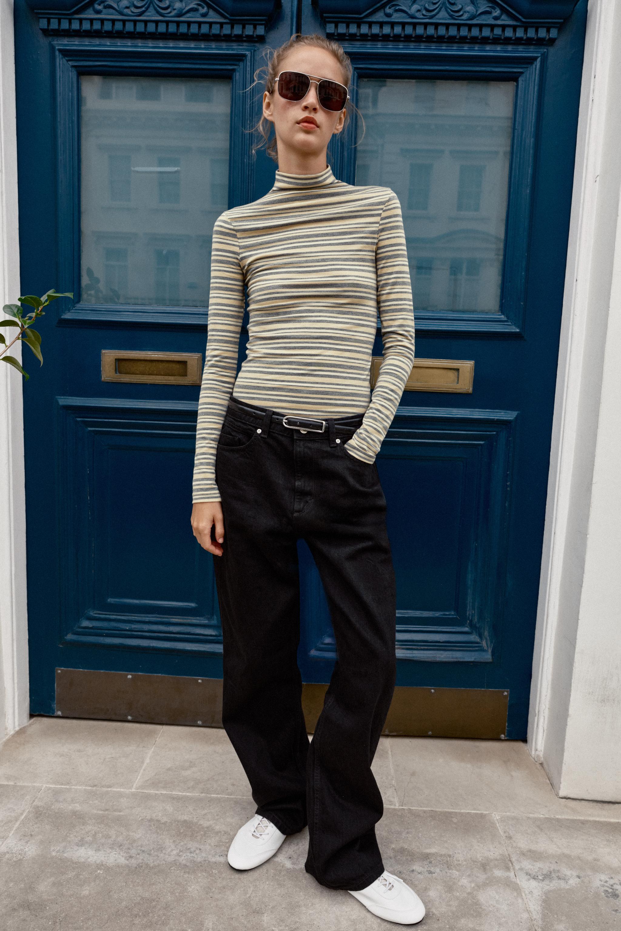 Striped Mock Neck T-Shirt - Striped - S