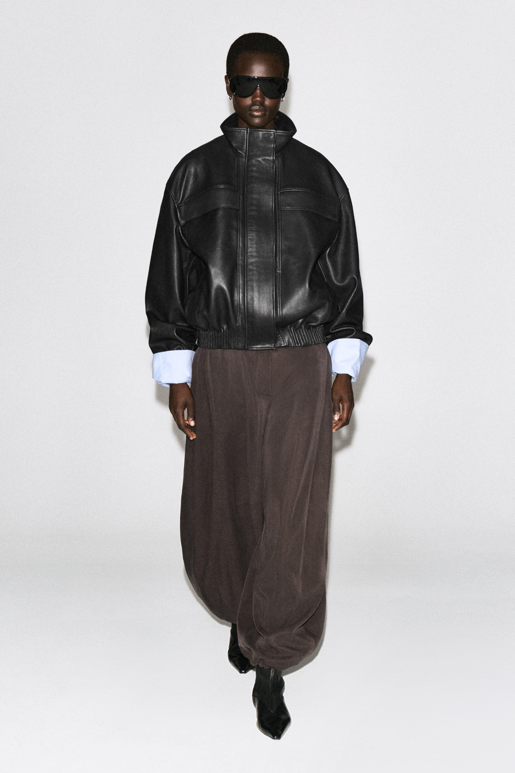 Leather Funnel-Neck Bomber Jacket