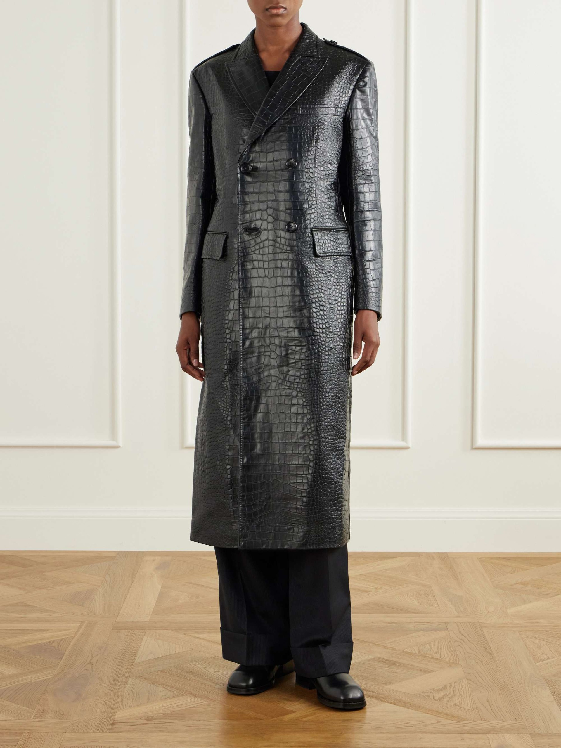 Croc-Effect Material Double-Breasted Coat