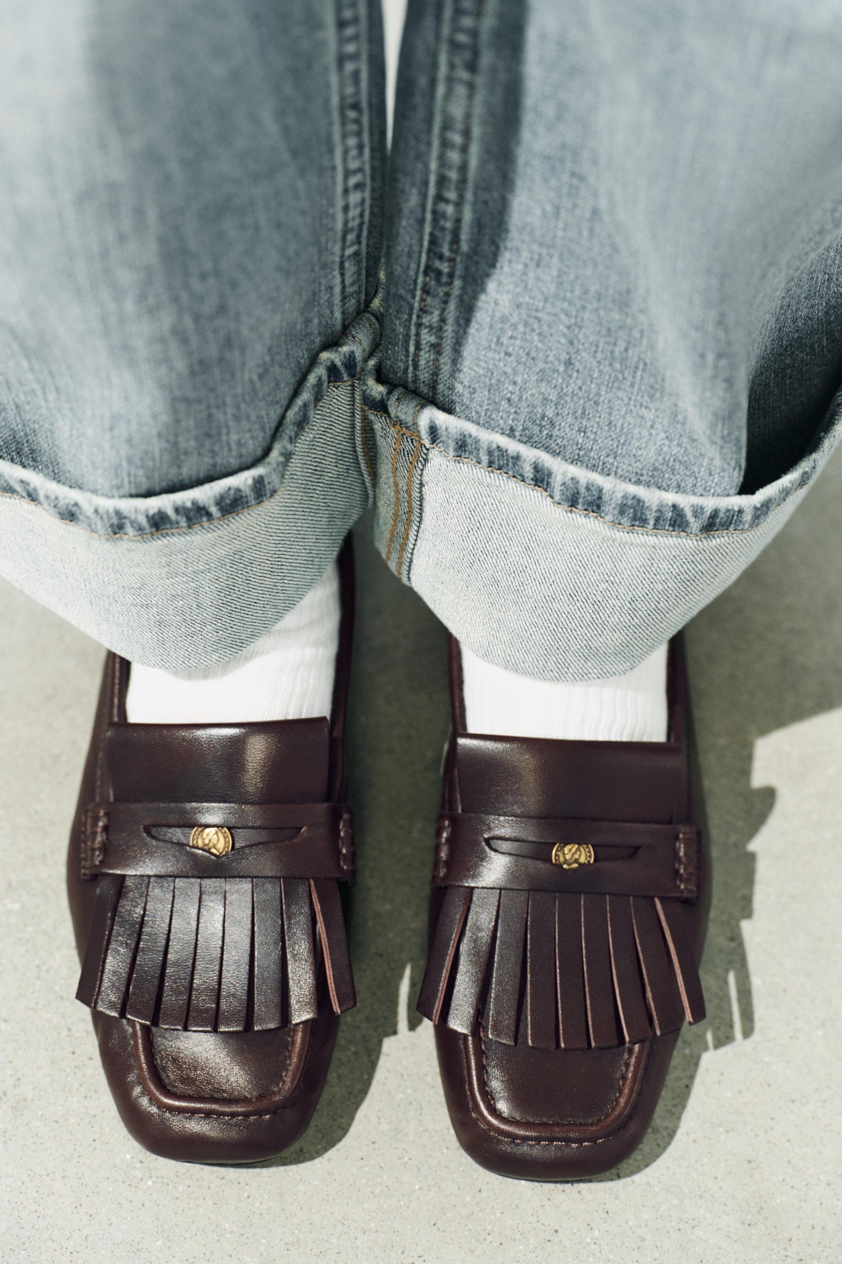 Fringe Leather Loafers - Brown - 5