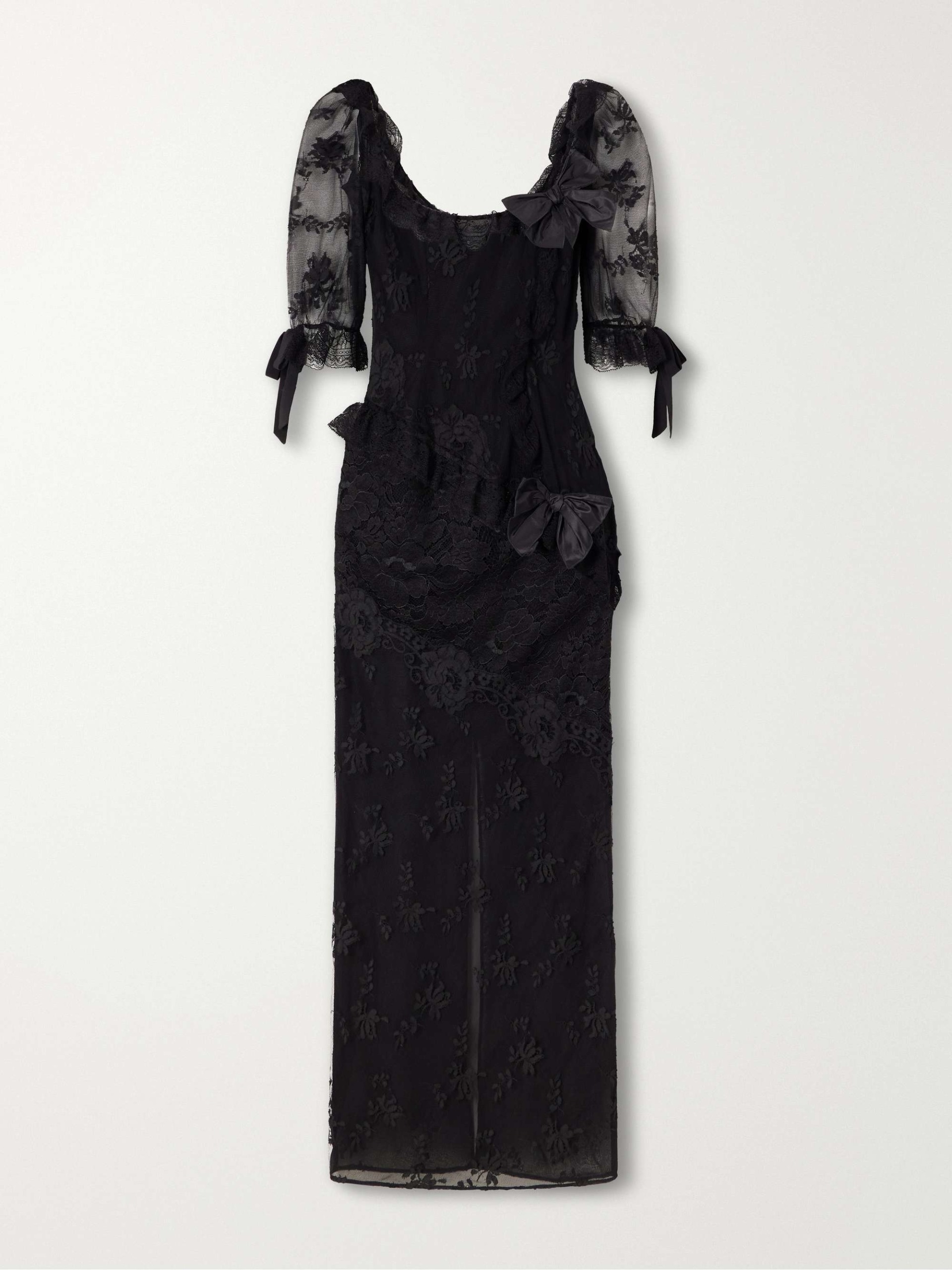 Bow-Detailed Lace-Trimmed Cotton-Blend Midi Dress