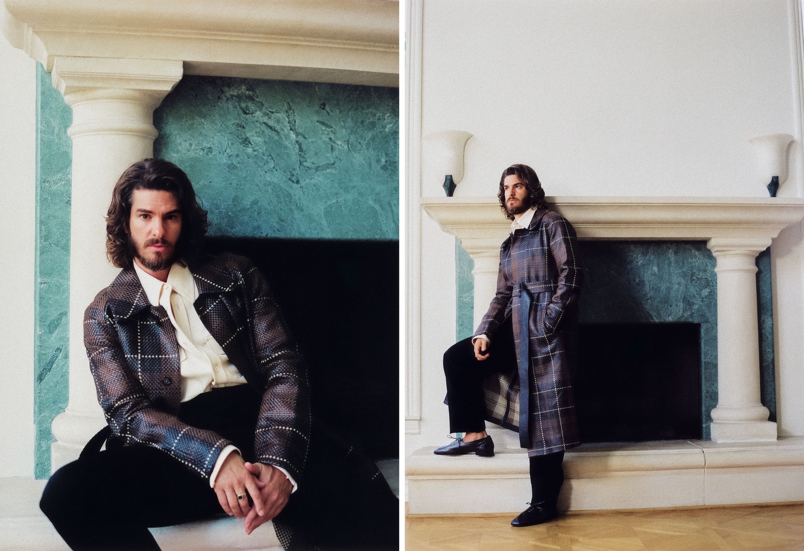 Andrew Garfield for Who What Wear's September cover wearing a long plaid trench coat, white button-down shirt, black trousers, and black loafers.