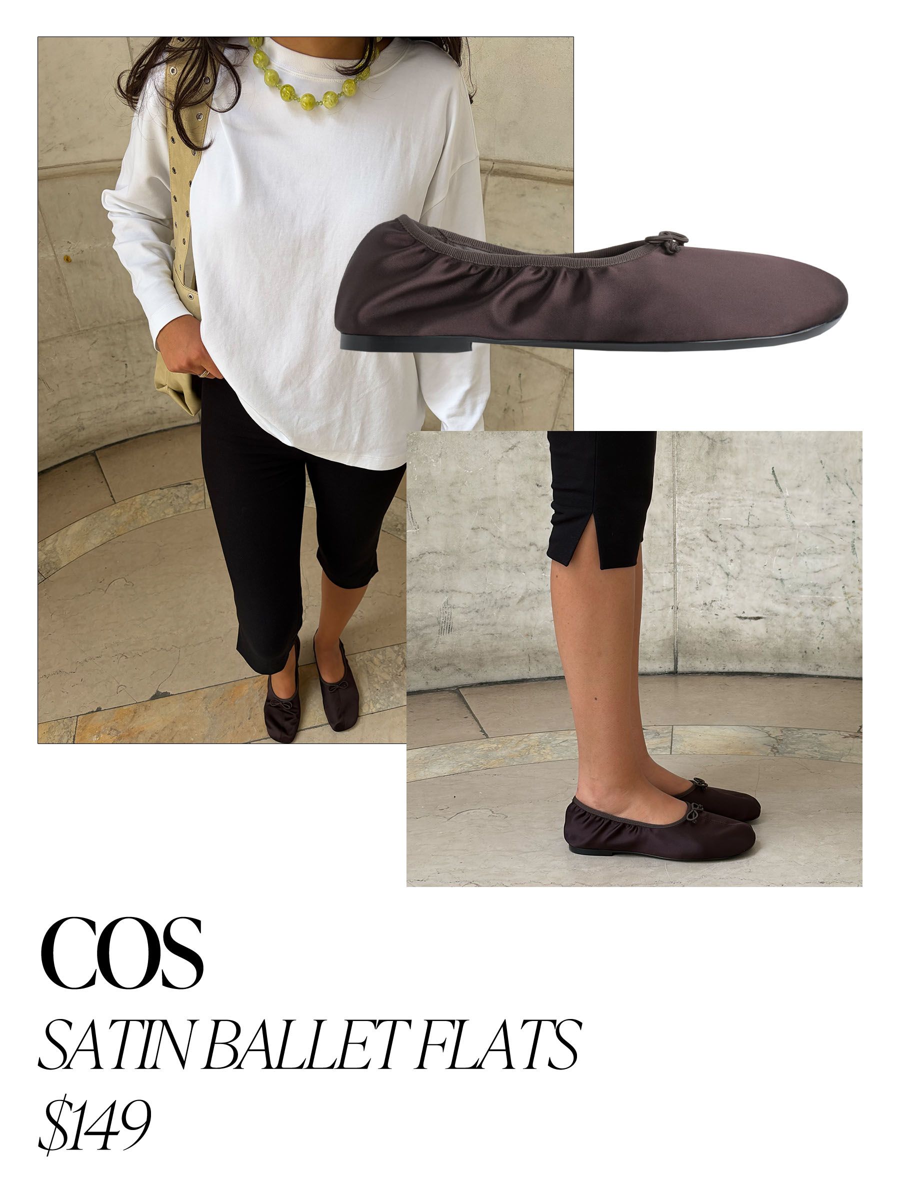 WWW assistant shopping editor Josephine Hadjiloucas tests the COS satin ballet flats