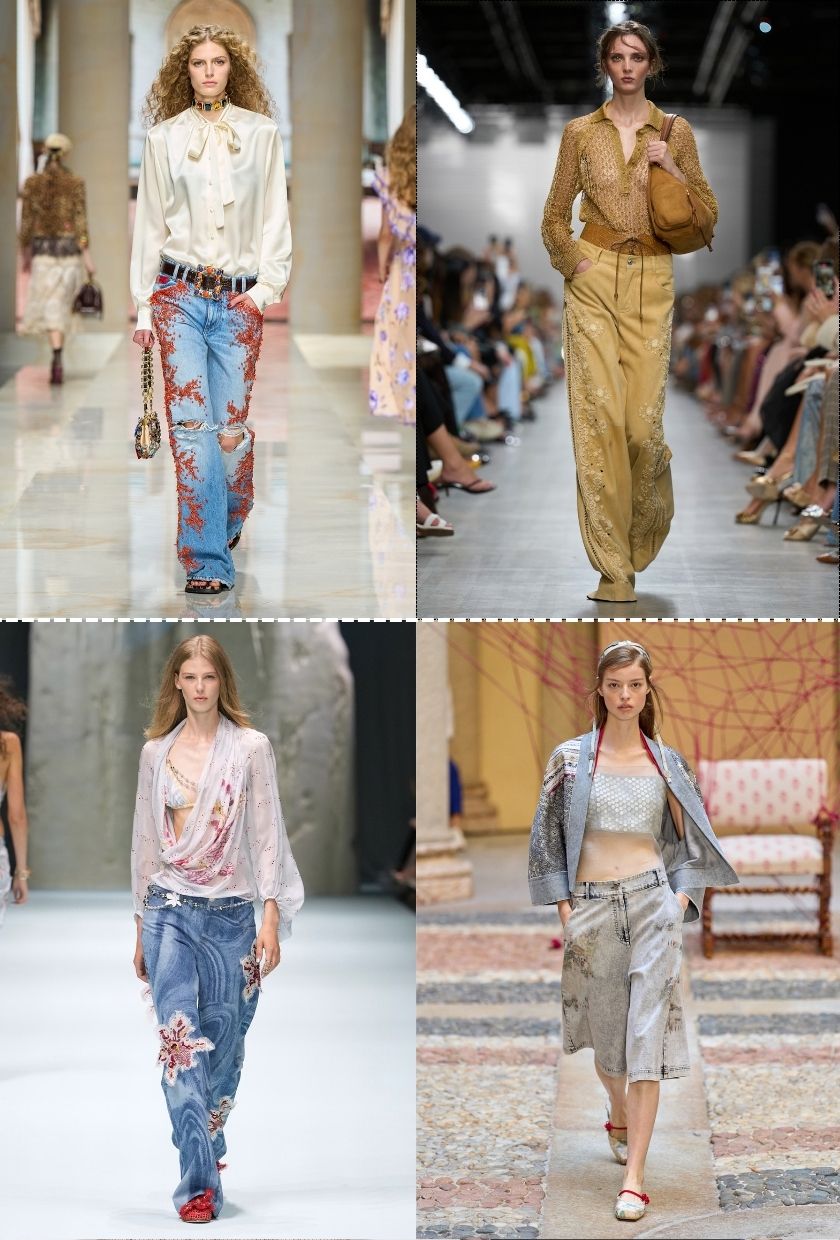 milan SS27 runway trends: a collage of models wearing lace, embroidered and floral denim