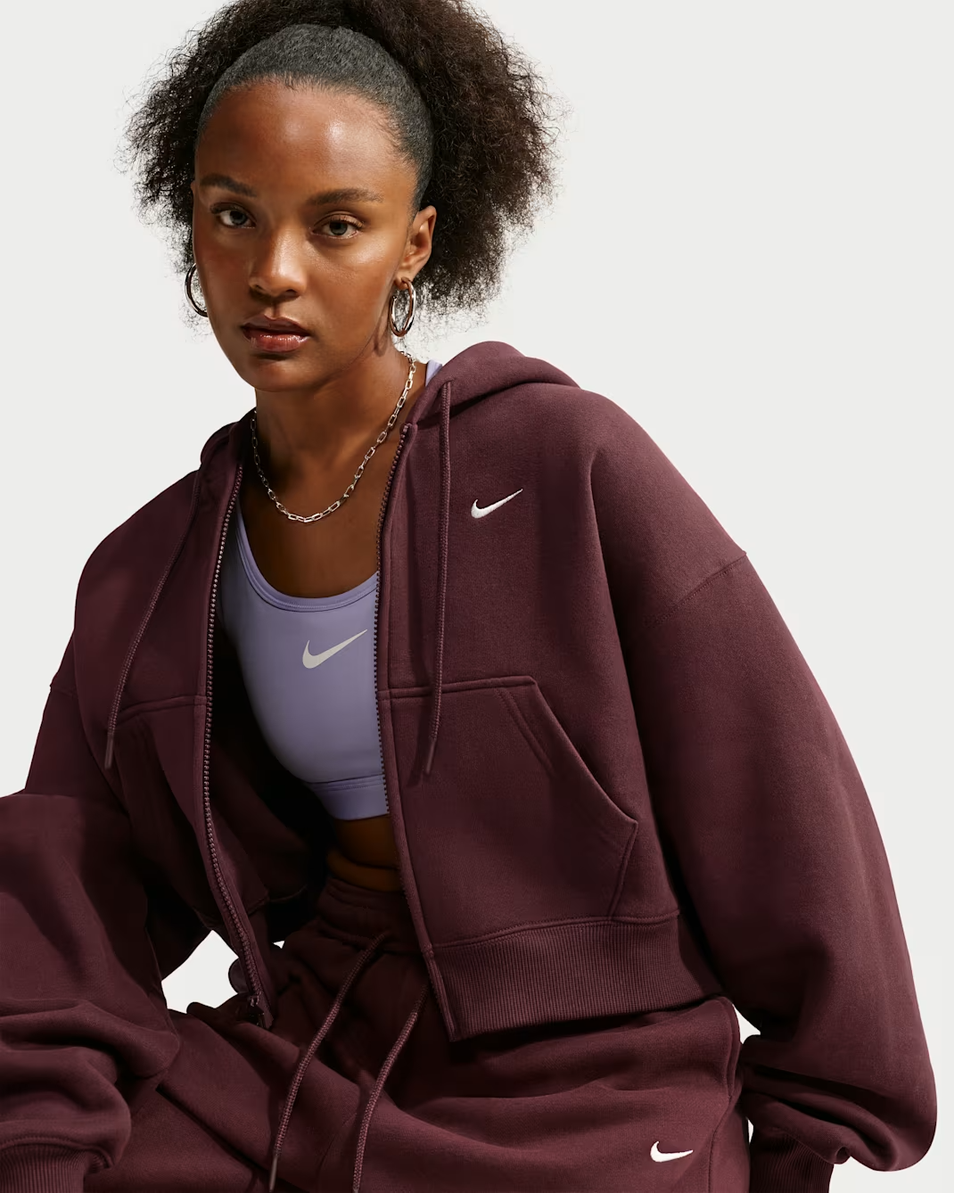 Nike, Nike Studio Fleece Medium Weight Women's Oversized Full-Zip Cropped Hoodie - Mystic Dates/sail - Size Xs