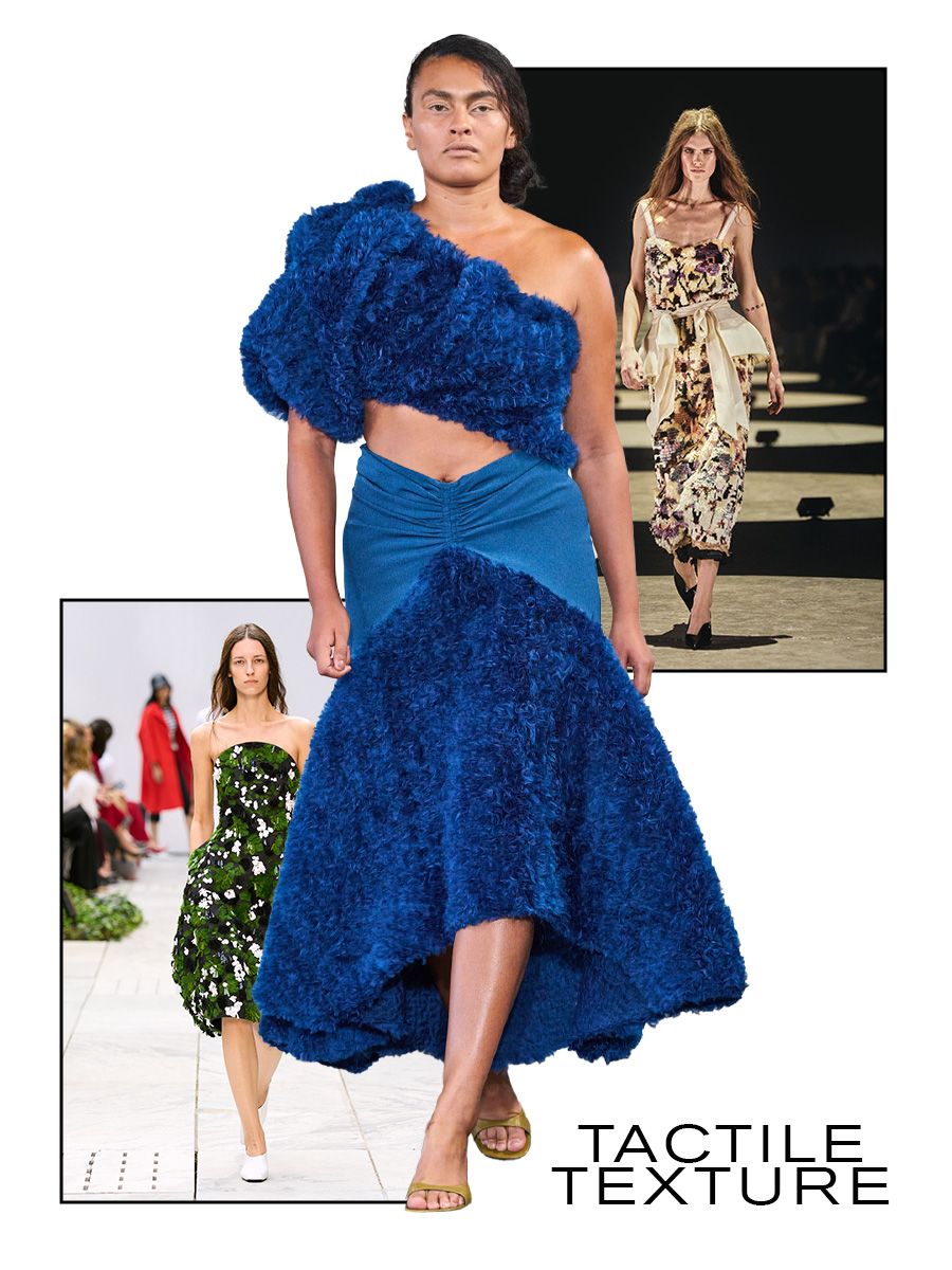 Collage of NYFW S/S 27 runway looks, tactile texture
