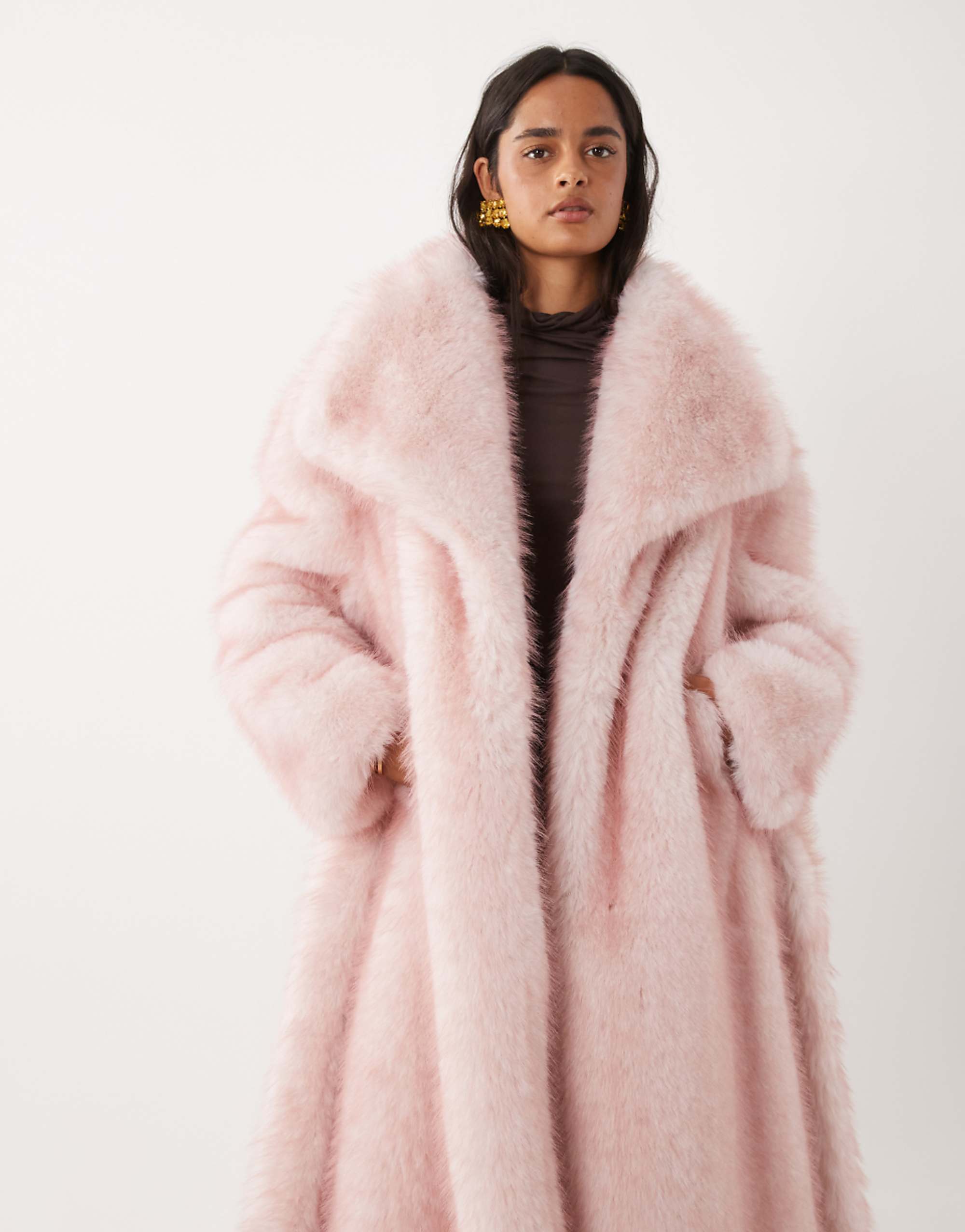 Kaiia Faux Fur Collared Belted Maxi Coat in Baby Pink