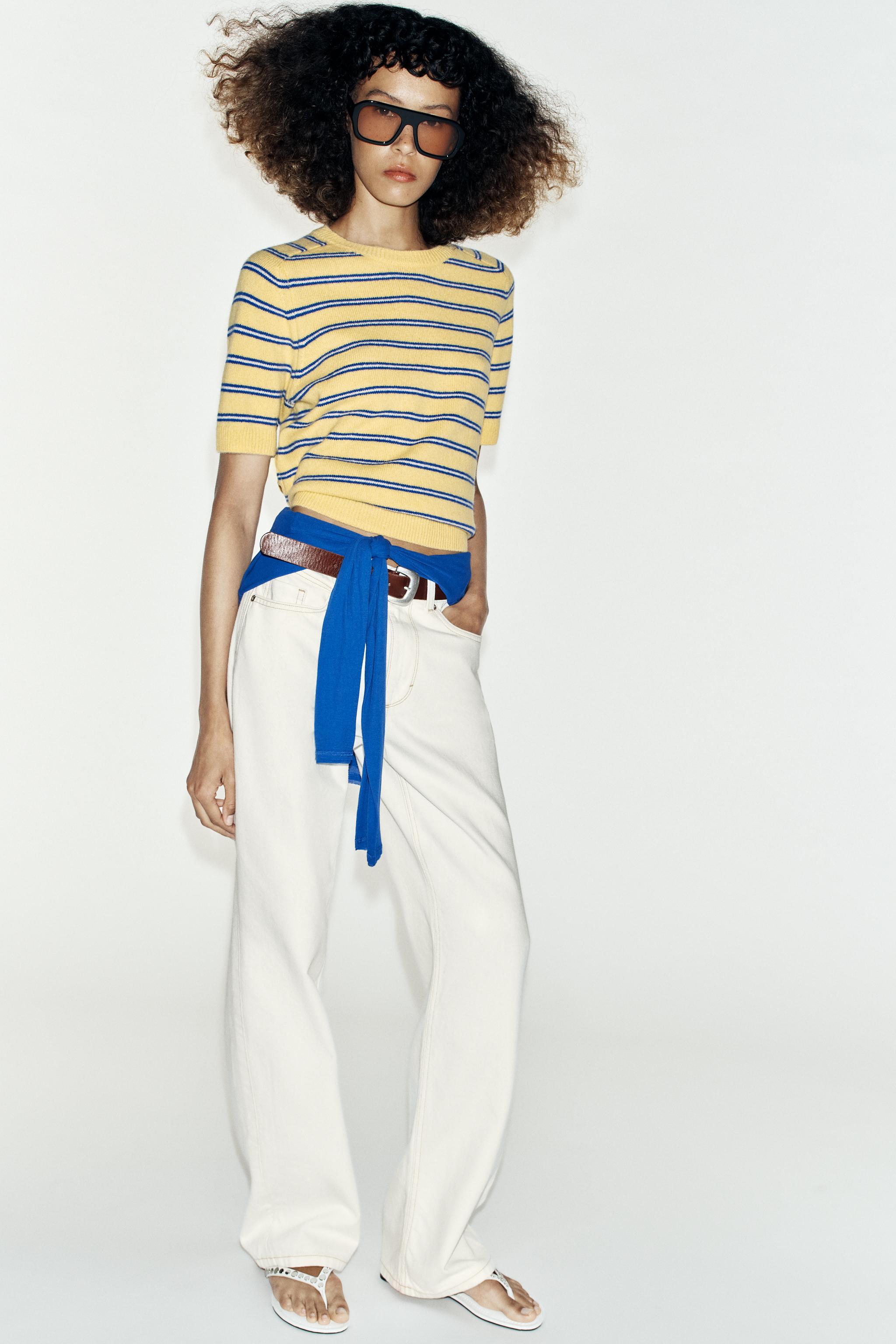100% Wool Striped Short Sleeve Jumper - Yellow - S
