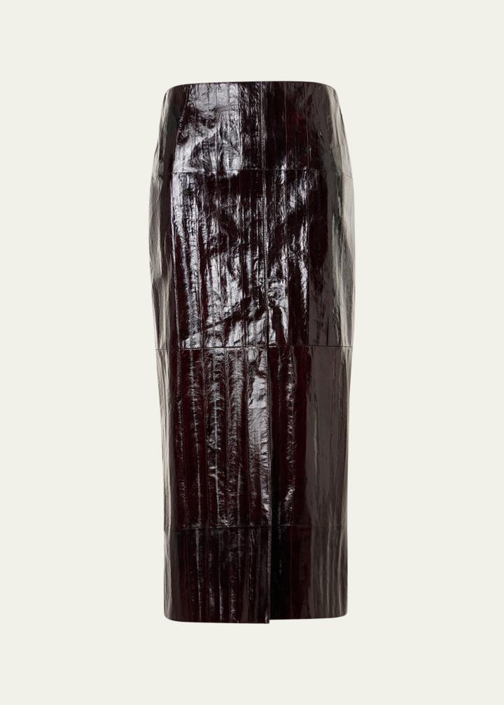 Lacquered Eel Leather Slit Midi Pencil Skirt