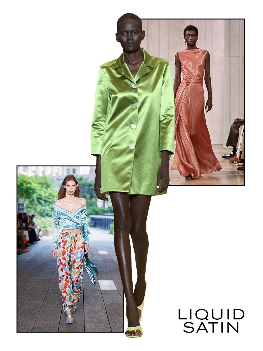 Collage of NYFW S/S 27 runway looks, liquid satin