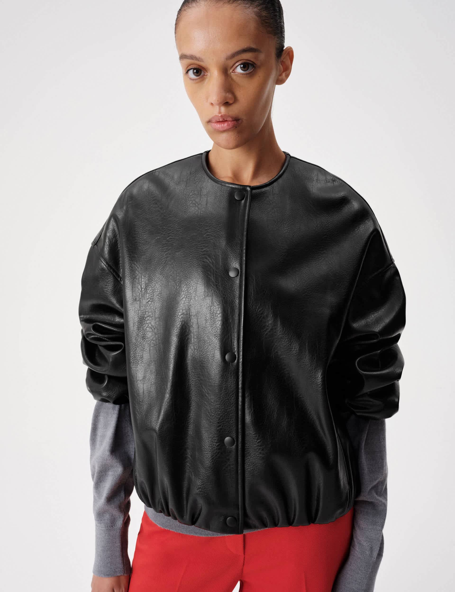 Faux Leather Bubble Hem Bomber Jacket