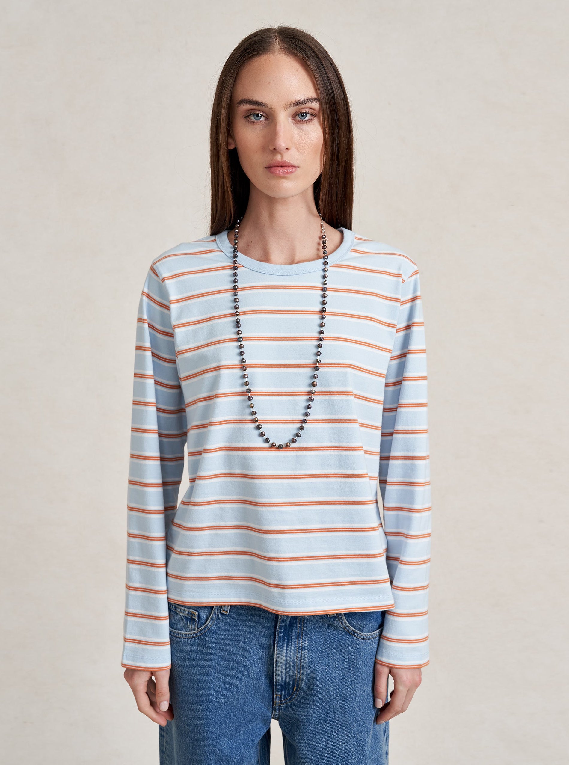 Long Sleeve Boyfriend Tee Xxs in Striped Blue u0026 Orange
