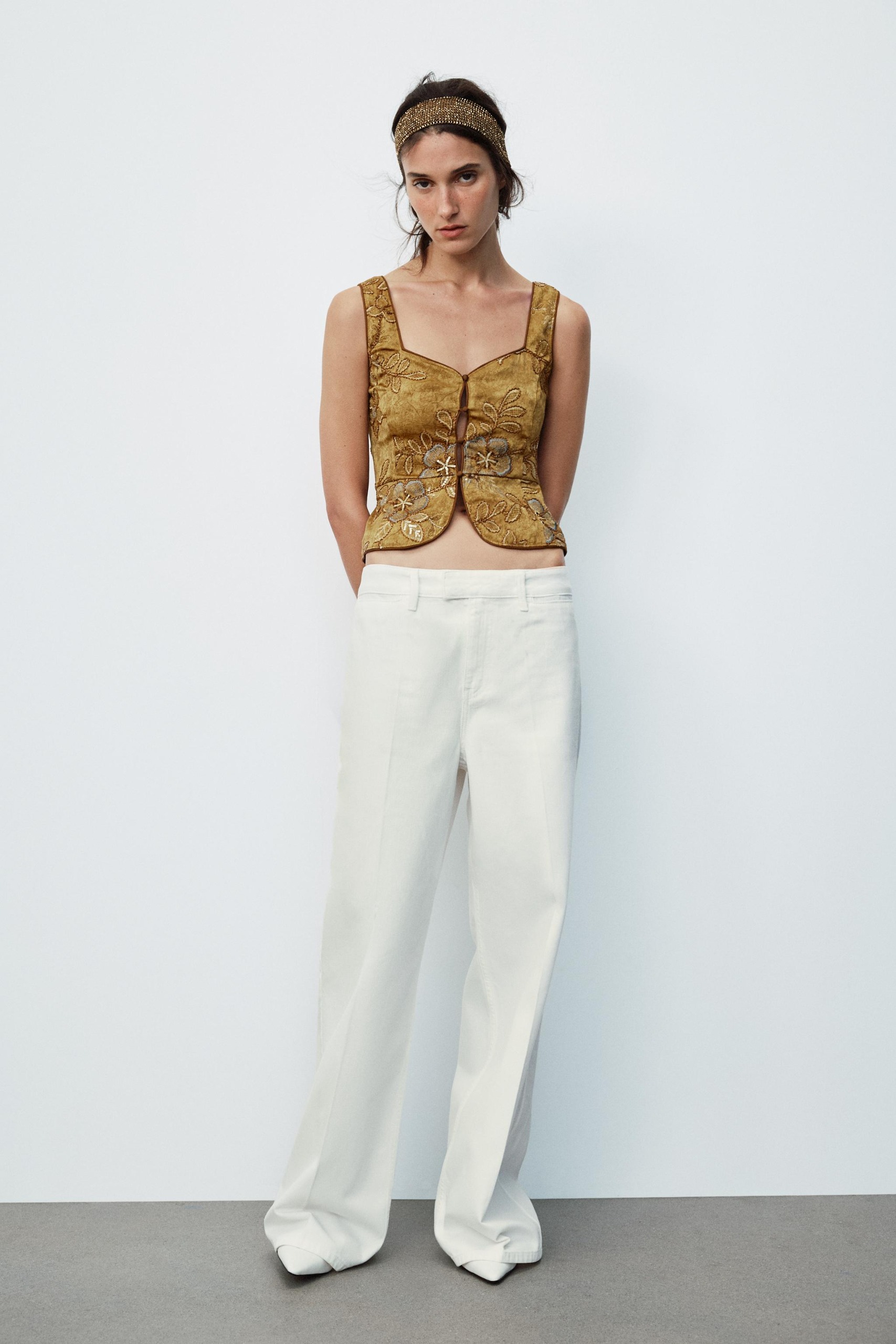Beaded Embroidered Vest Top - Ocher - S