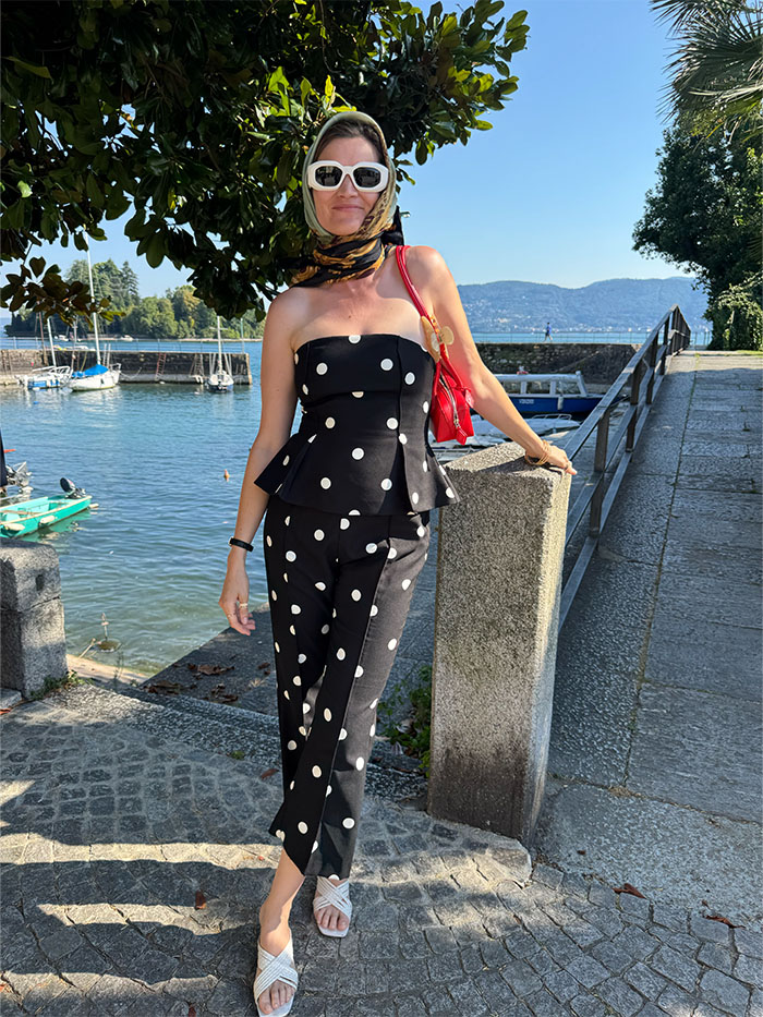 Eugenie Trochu wearing a silk scarf.
