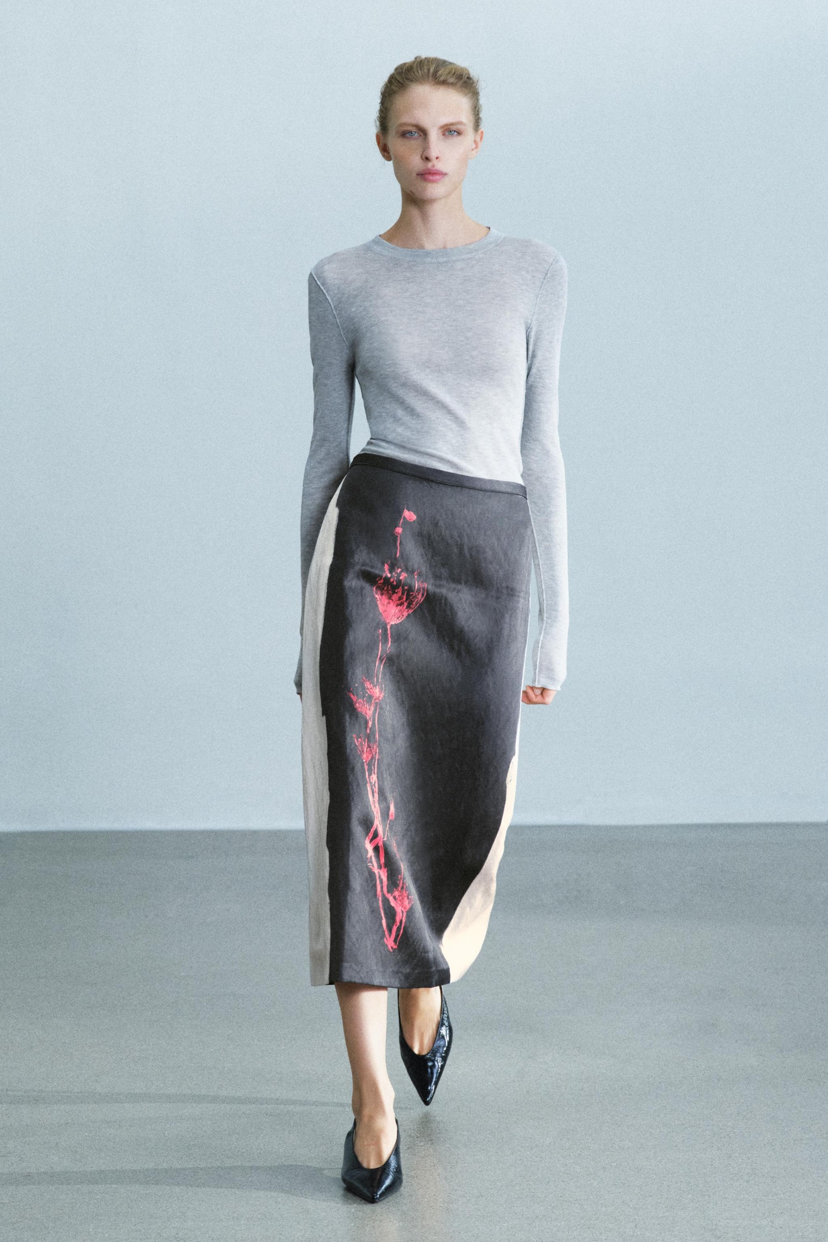 Zw Collection Printed Midi Skirt - Taupe Gray - Xs
