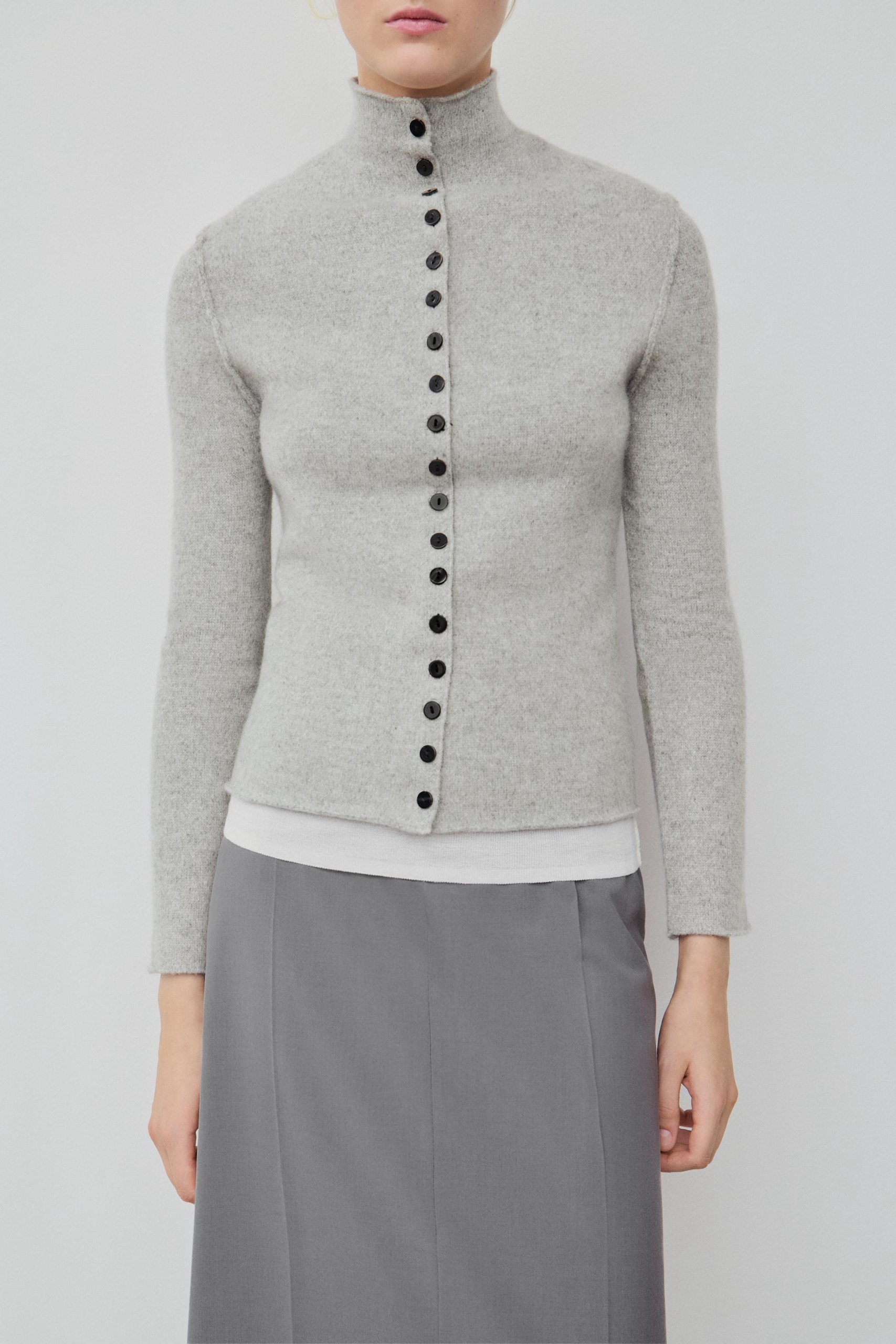 100% Wool Mock Neck Cardigan - Grey - S