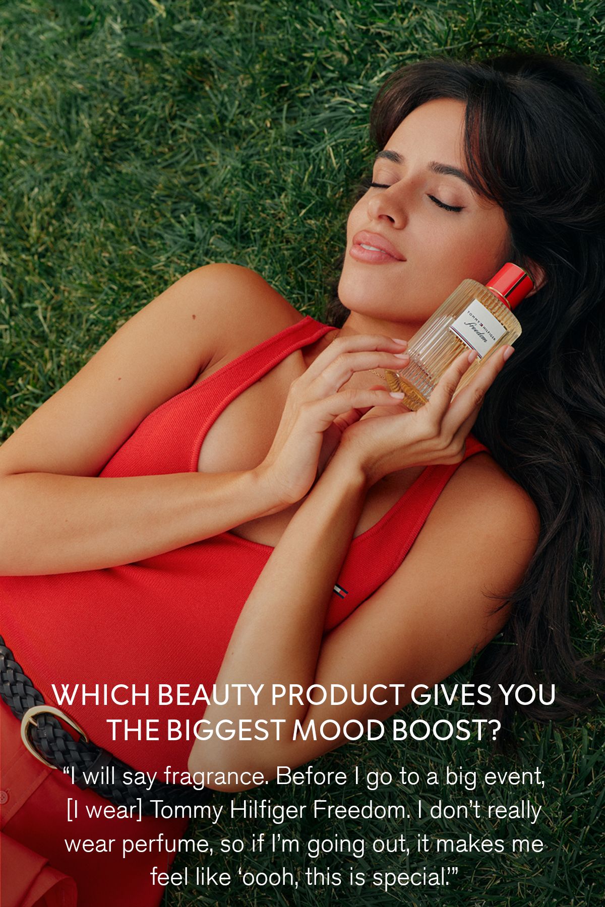 Camila Cabello holding the Tommy Hilfiger Freedom fragrance, with a quote about the beauty product that gives her the biggest mood boost, reading 