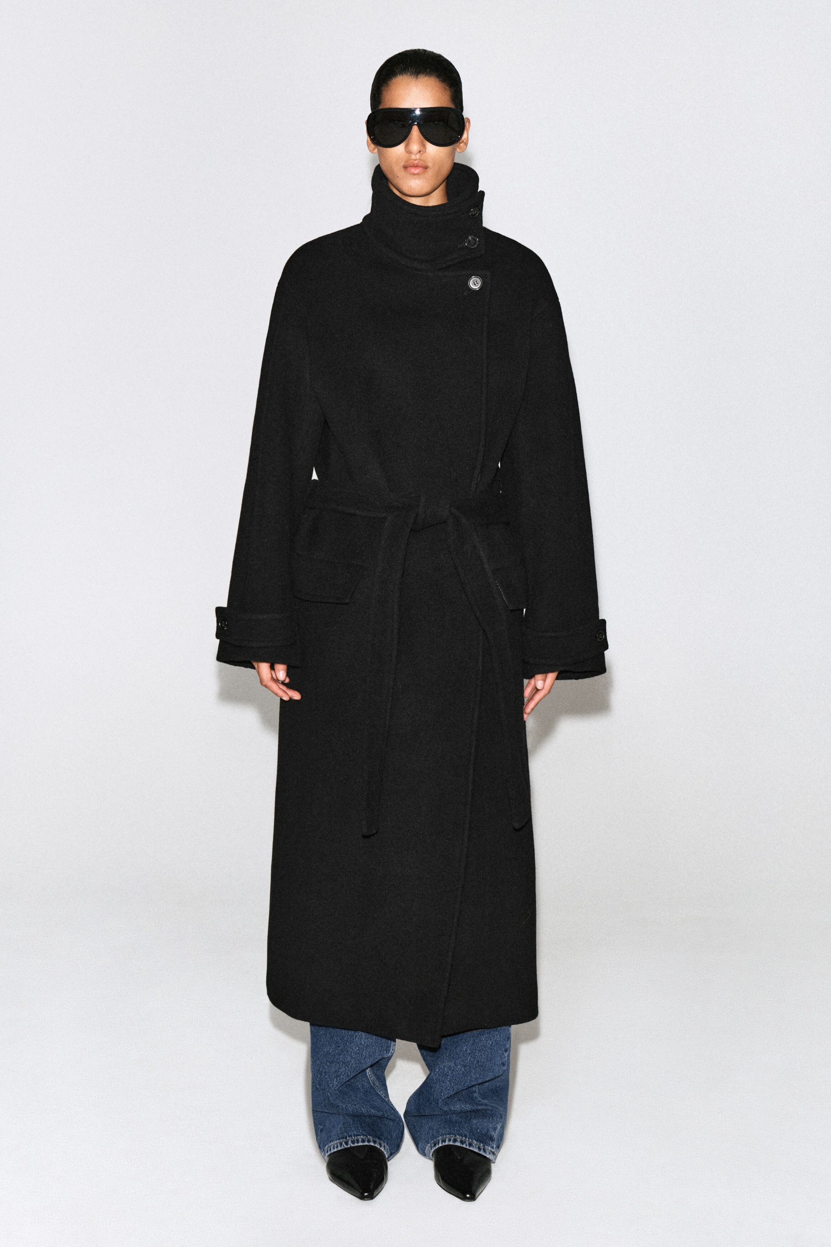 Belted Wool-Blend Mock-Neck Coat