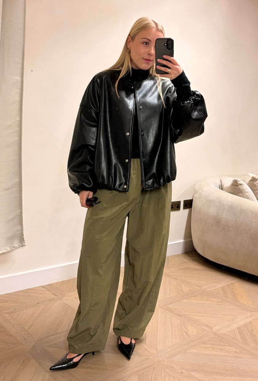 Woman wears M&S leather jacket, balloon trousers and black heels